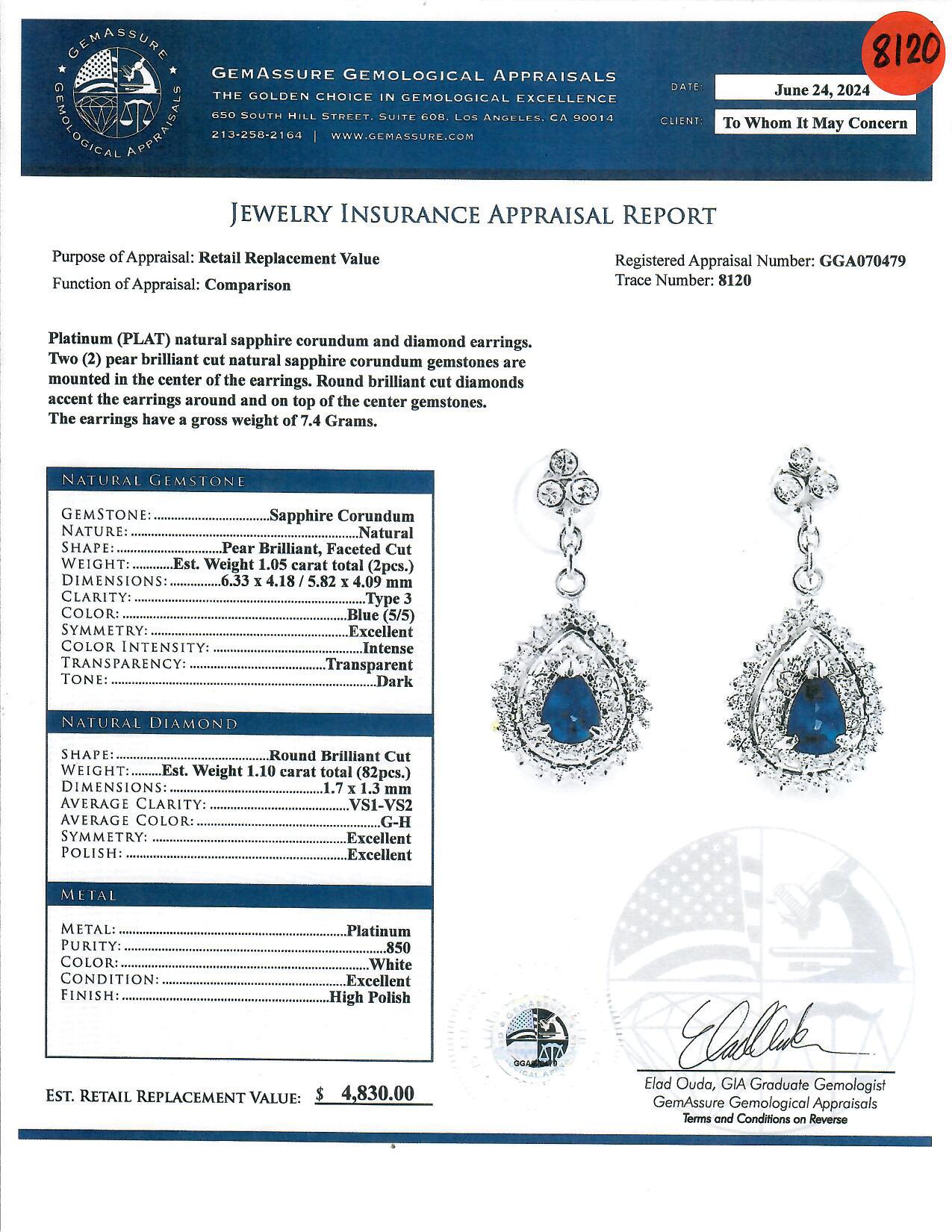 Item #8120

GGA (Gemassure Gemological Appraisals) Certified 
Ladies Dangling Earrings with Diamond and Blue Sapphire

Platinum (PLAT) natural sapphire corundum and diamond earrings. Two (2) pear brilliant cut natural sapphire corundum gemstones are