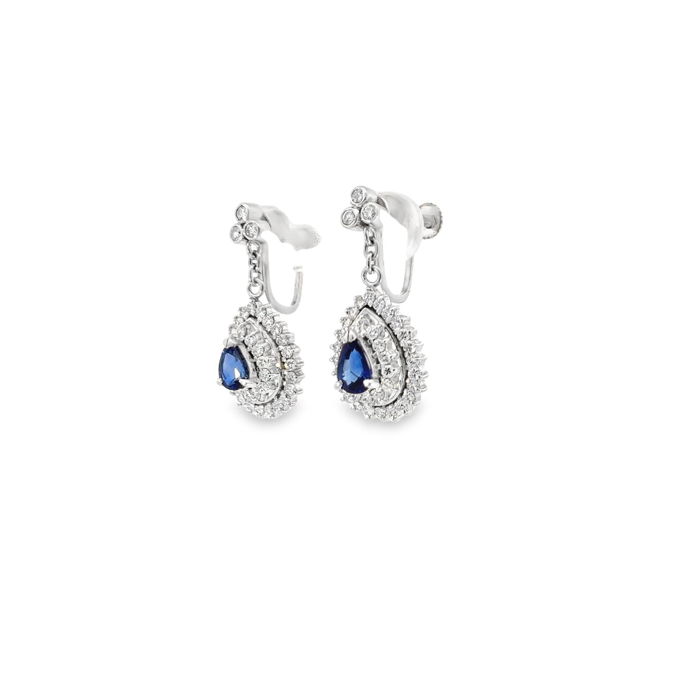 Diamond and Blue Sapphire Dangling Earrings in Platinum In New Condition For Sale In LA, CA
