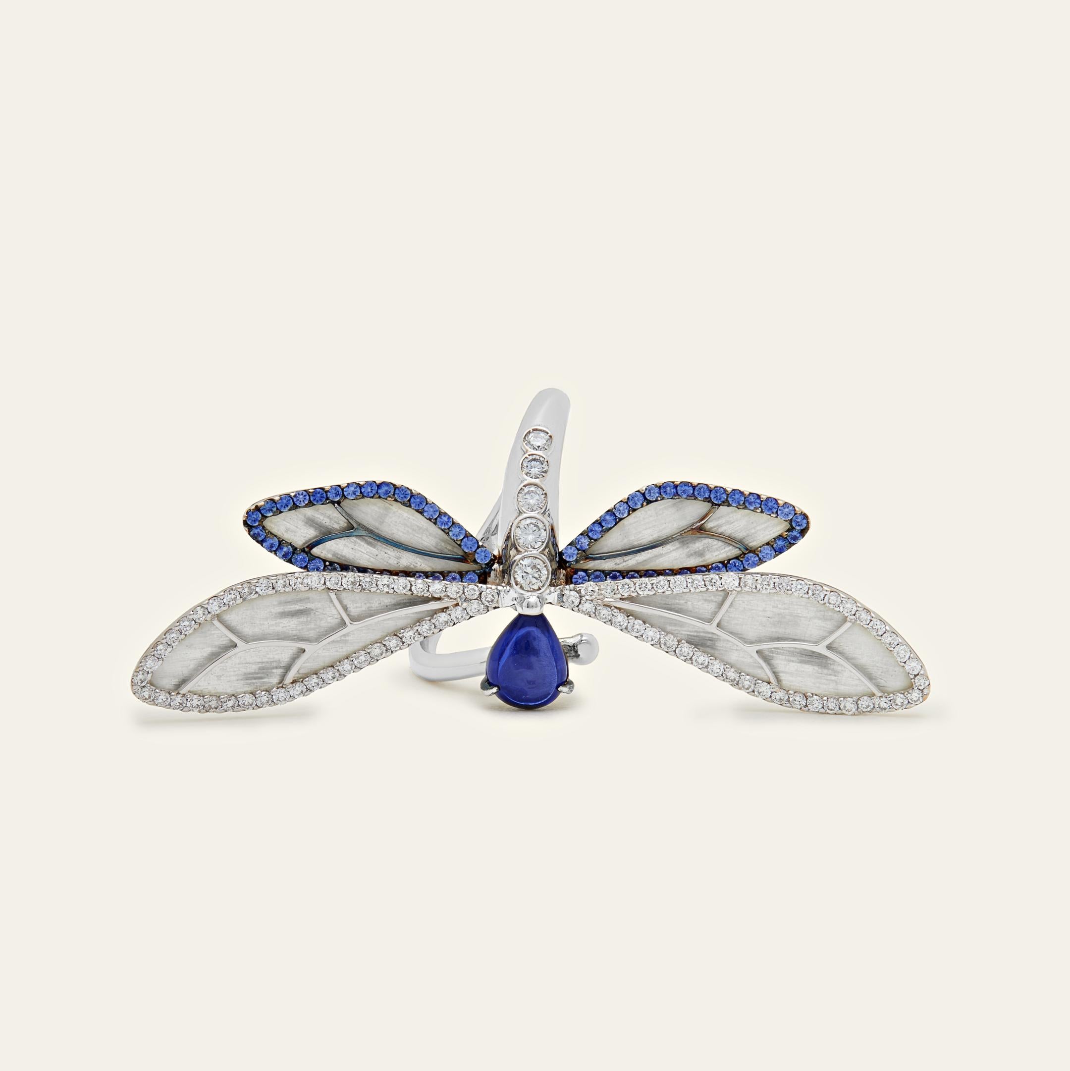 Contemporary Diamond and Blue Sapphire Dragonfly Ring For Sale