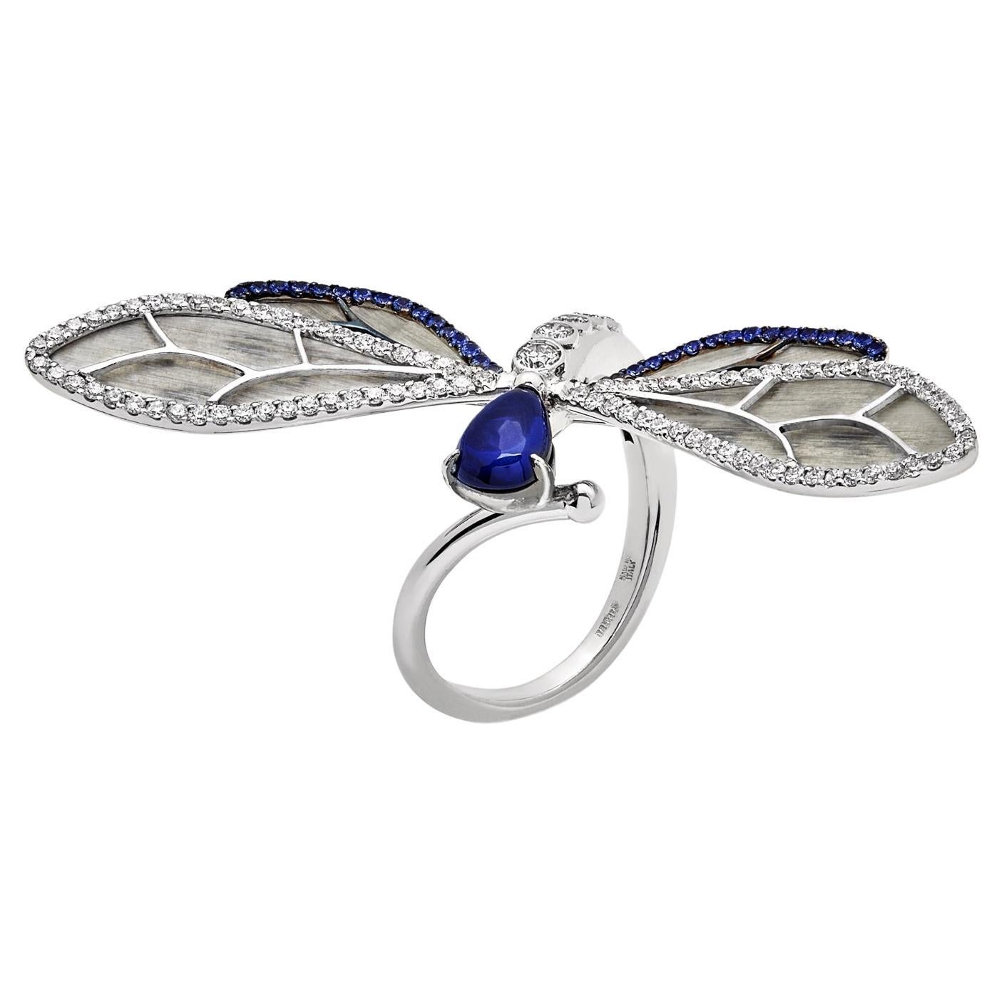 Diamond and Blue Sapphire Dragonfly Ring For Sale