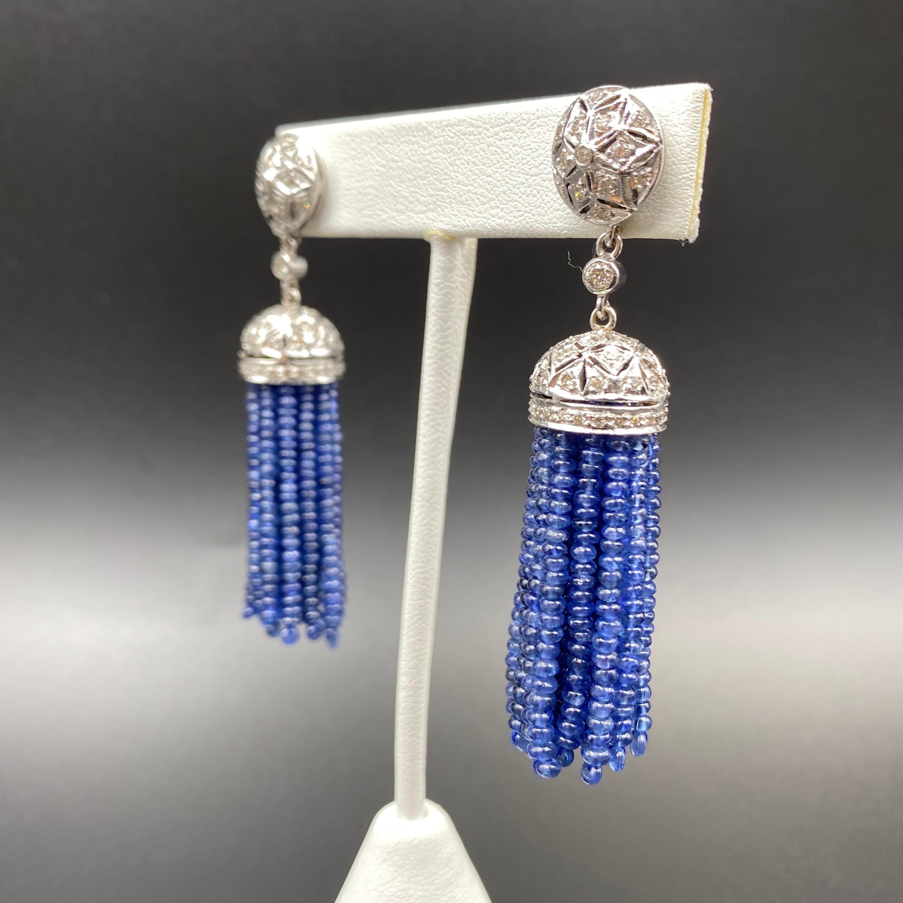 Bead Diamond and Blue Sapphire Drop Earring in 18 Karat White Gold For Sale