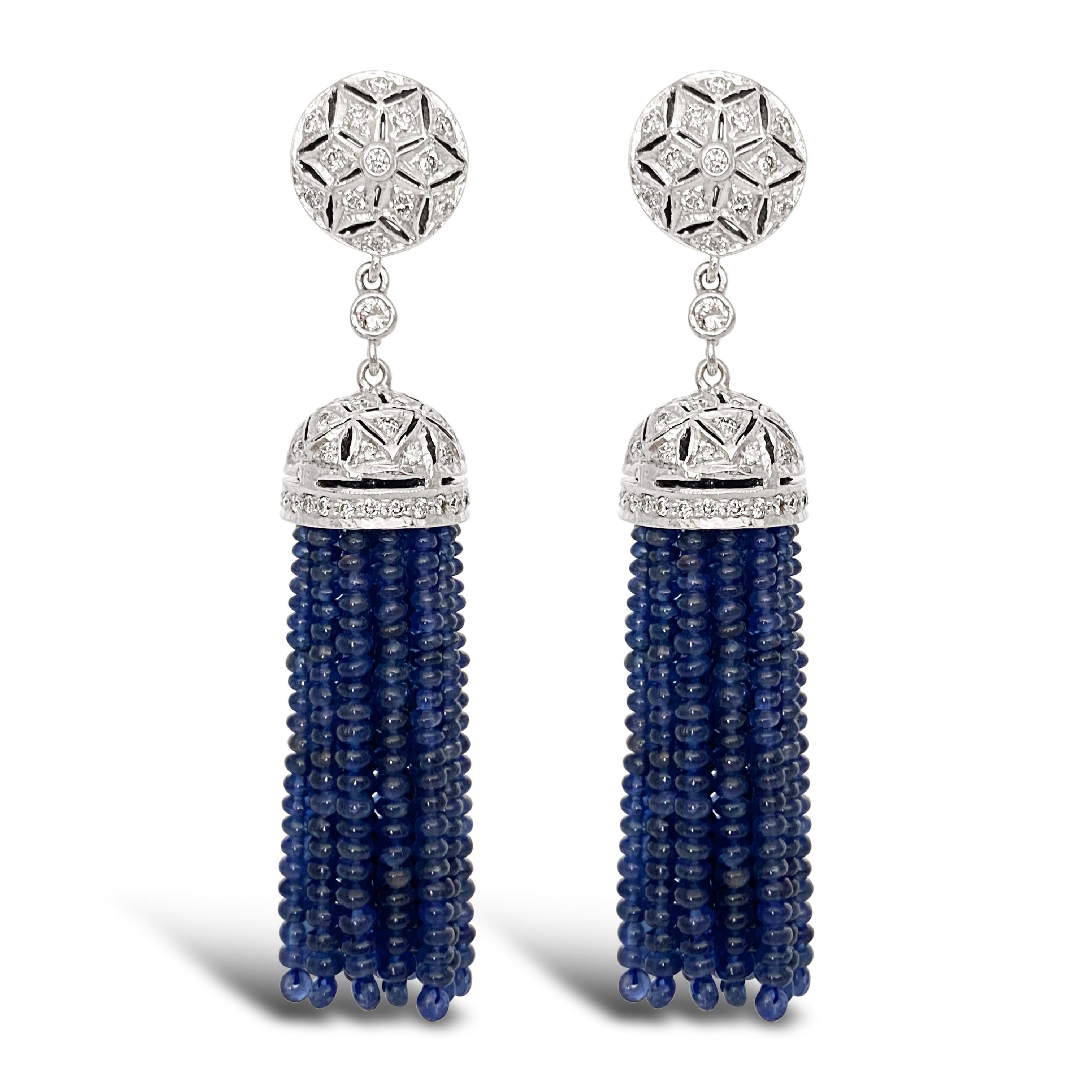 Women's or Men's Diamond and Blue Sapphire Drop Earring in 18 Karat White Gold For Sale