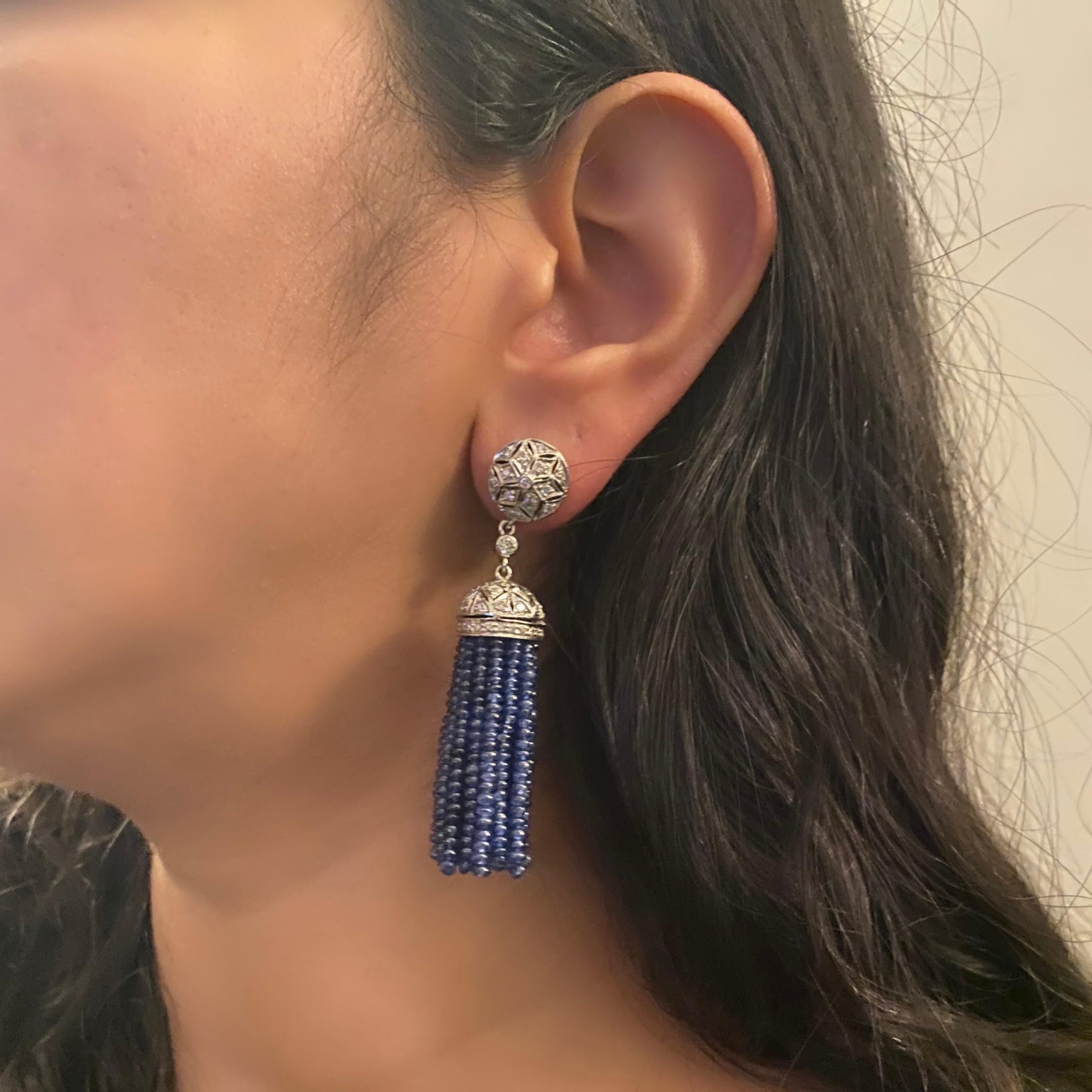 Diamond and Blue Sapphire Drop Earring in 18 Karat White Gold For Sale 1