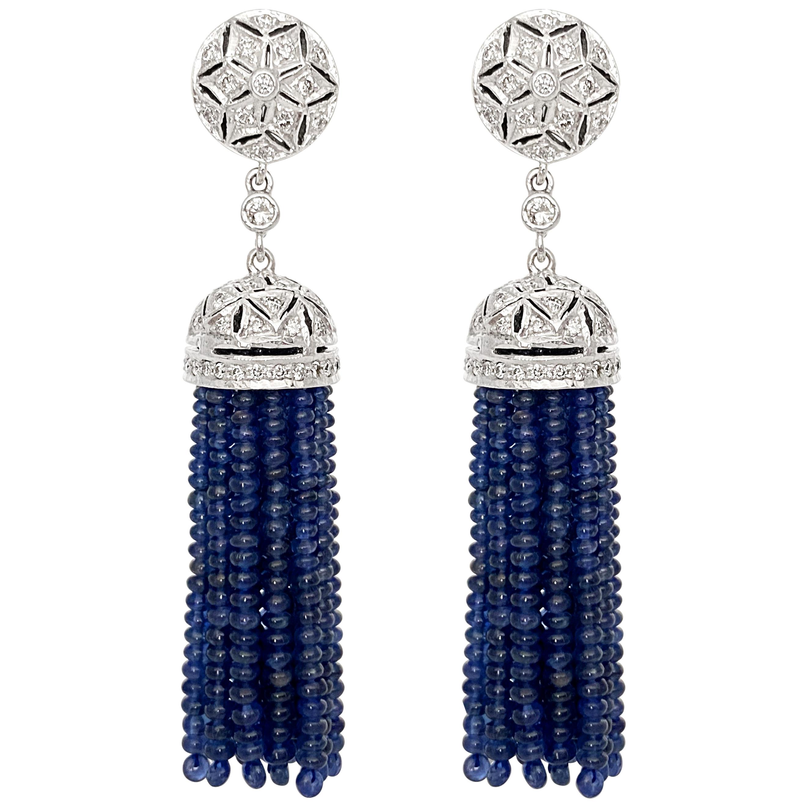 Blue Sapphire Pave & Diamonds Butterfly Sweet 18K White Gold Drop Earrings