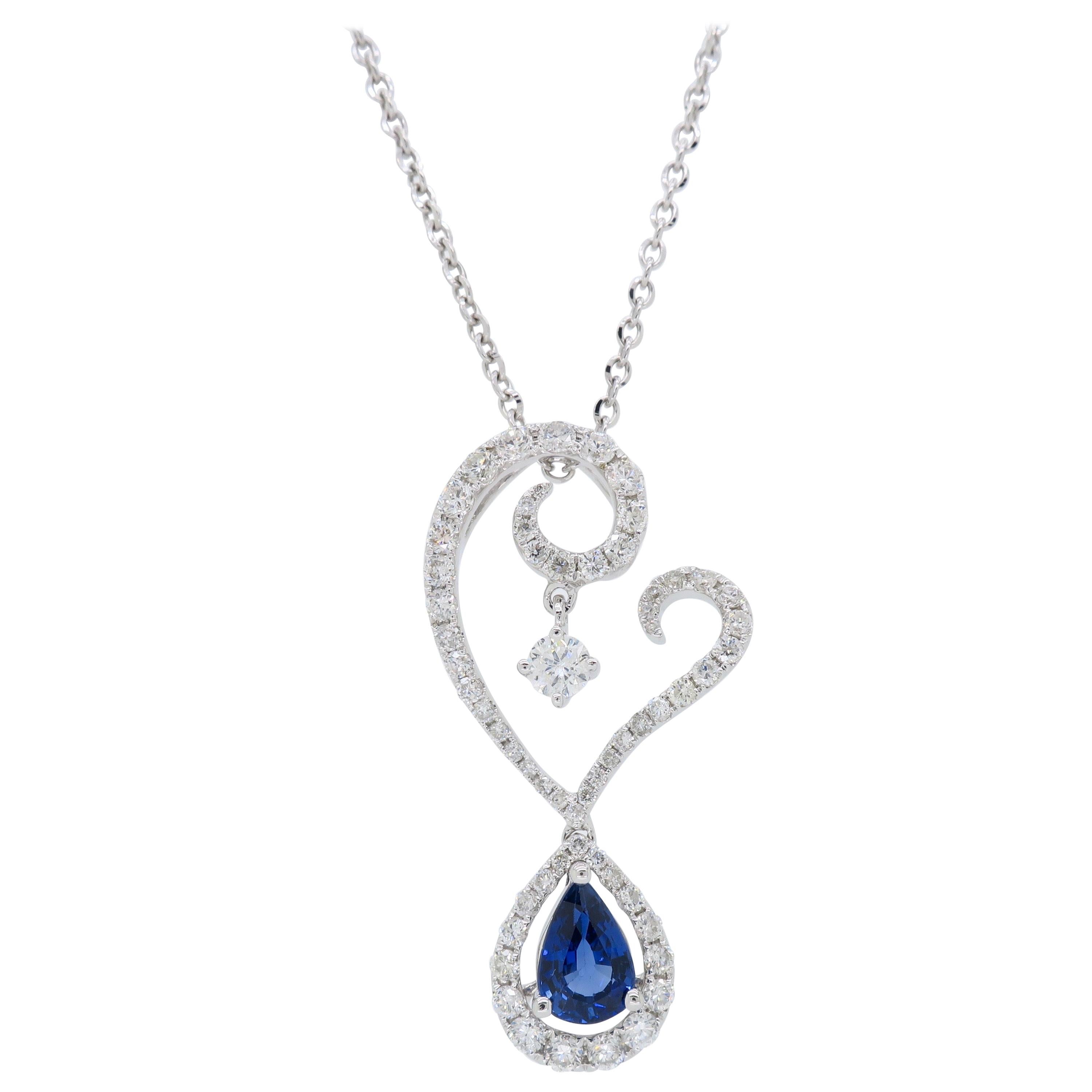 Diamond and Blue Sapphire Drop Pendant Necklace in 18 Karat White Gold