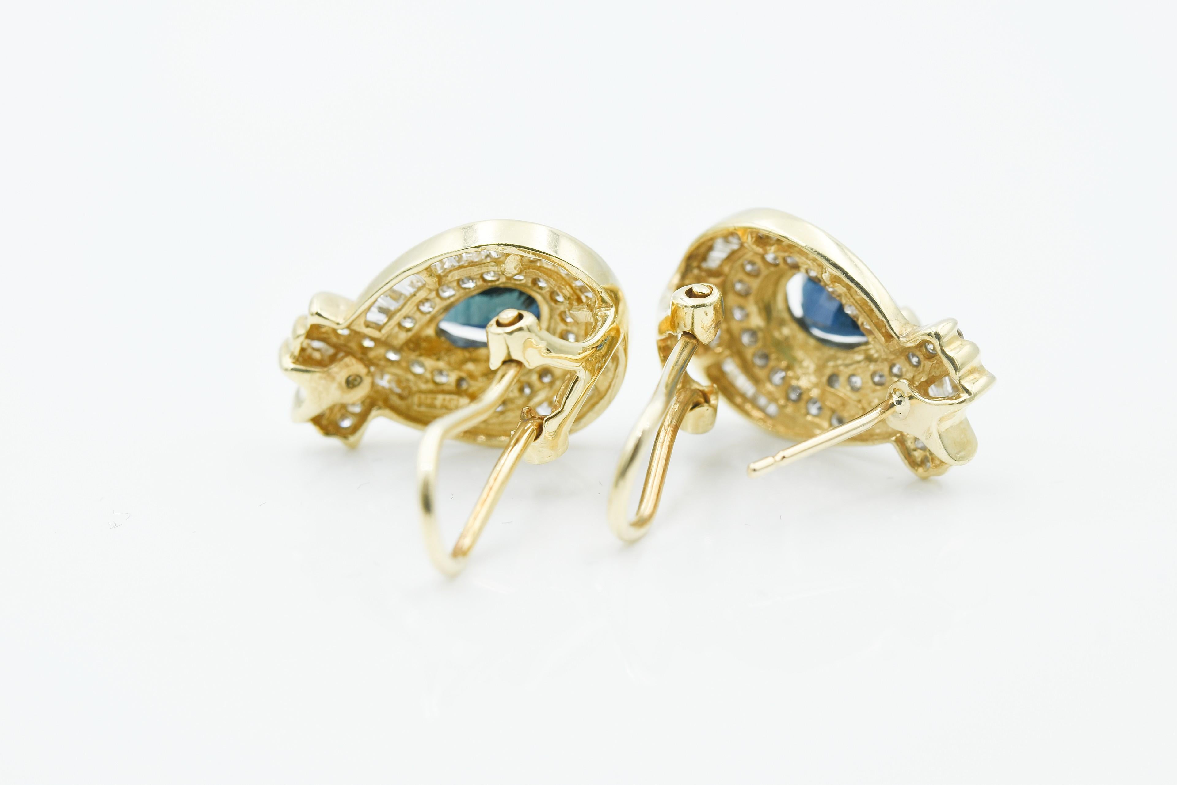 Baguette Cut Diamond and Blue Sapphire Earrings For Sale