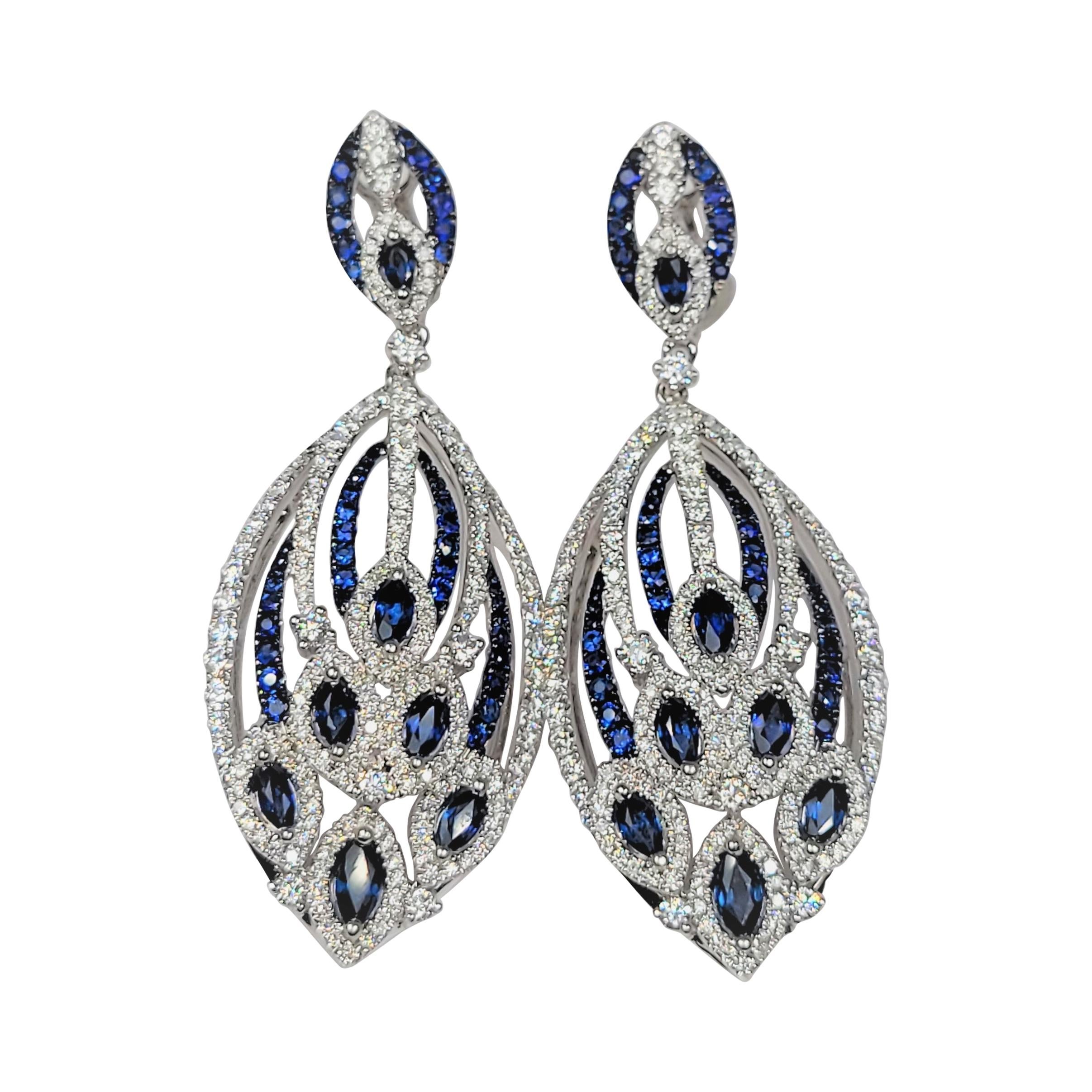 Diamond and Blue Sapphire Earrings in 18 Karat White Gold For Sale
