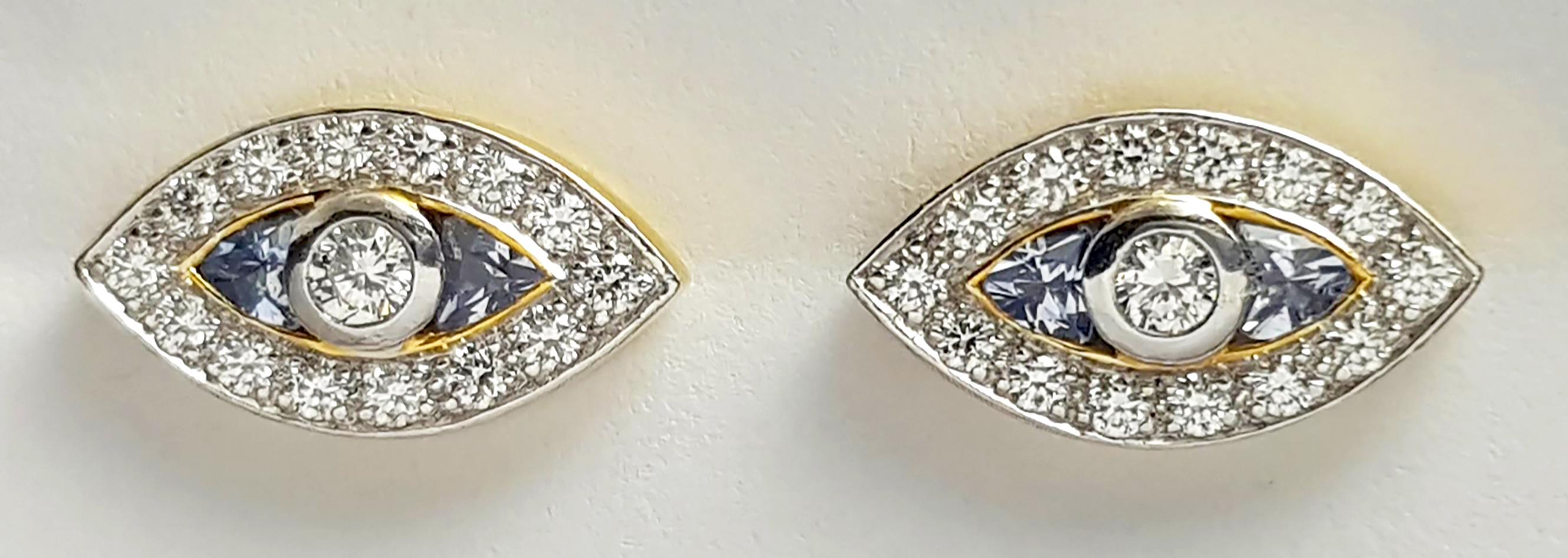 Contemporain Boucles d'oreilles diamant et saphir bleu en or 18 carats en vente