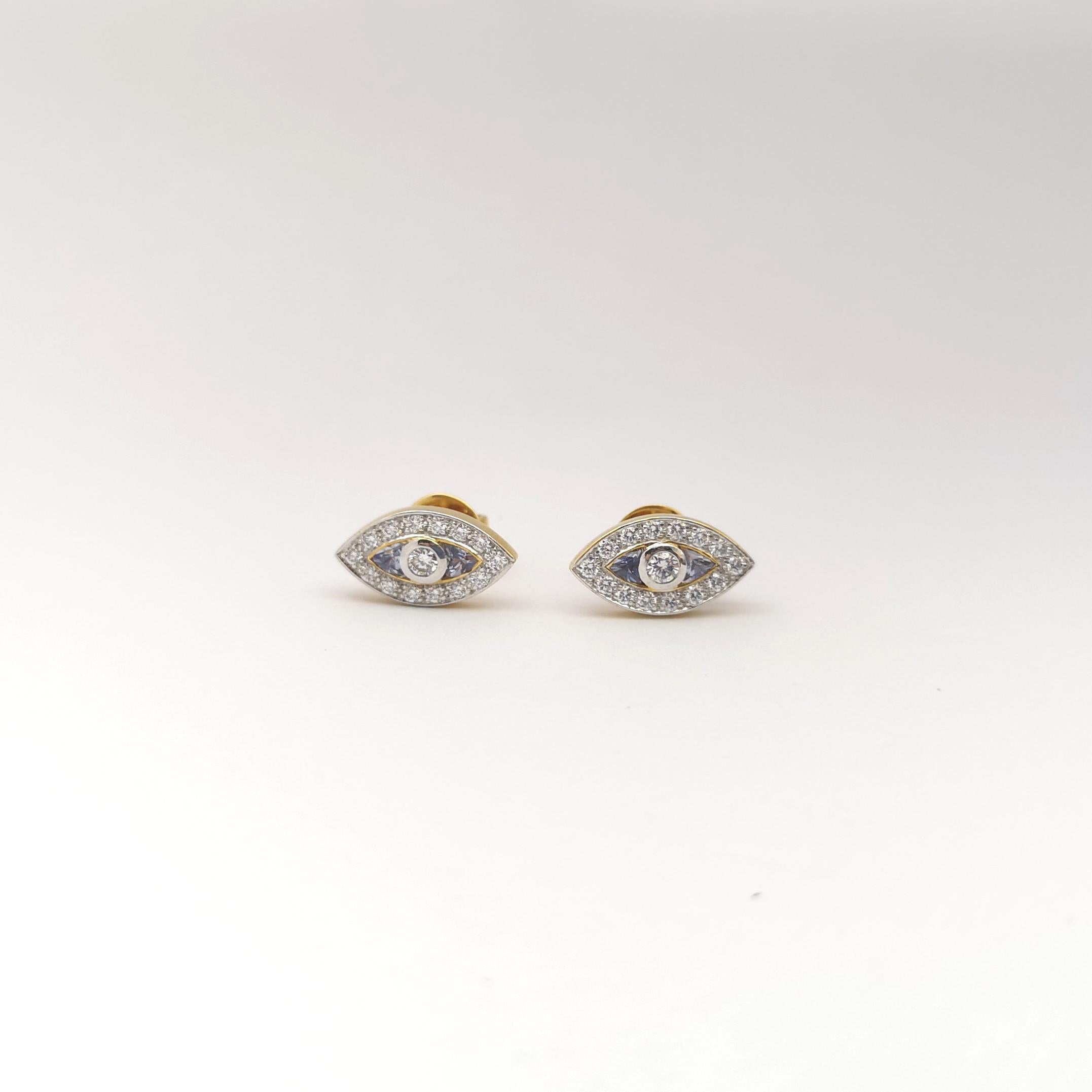 Taille mixte Boucles d'oreilles diamant et saphir bleu en or 18 carats en vente