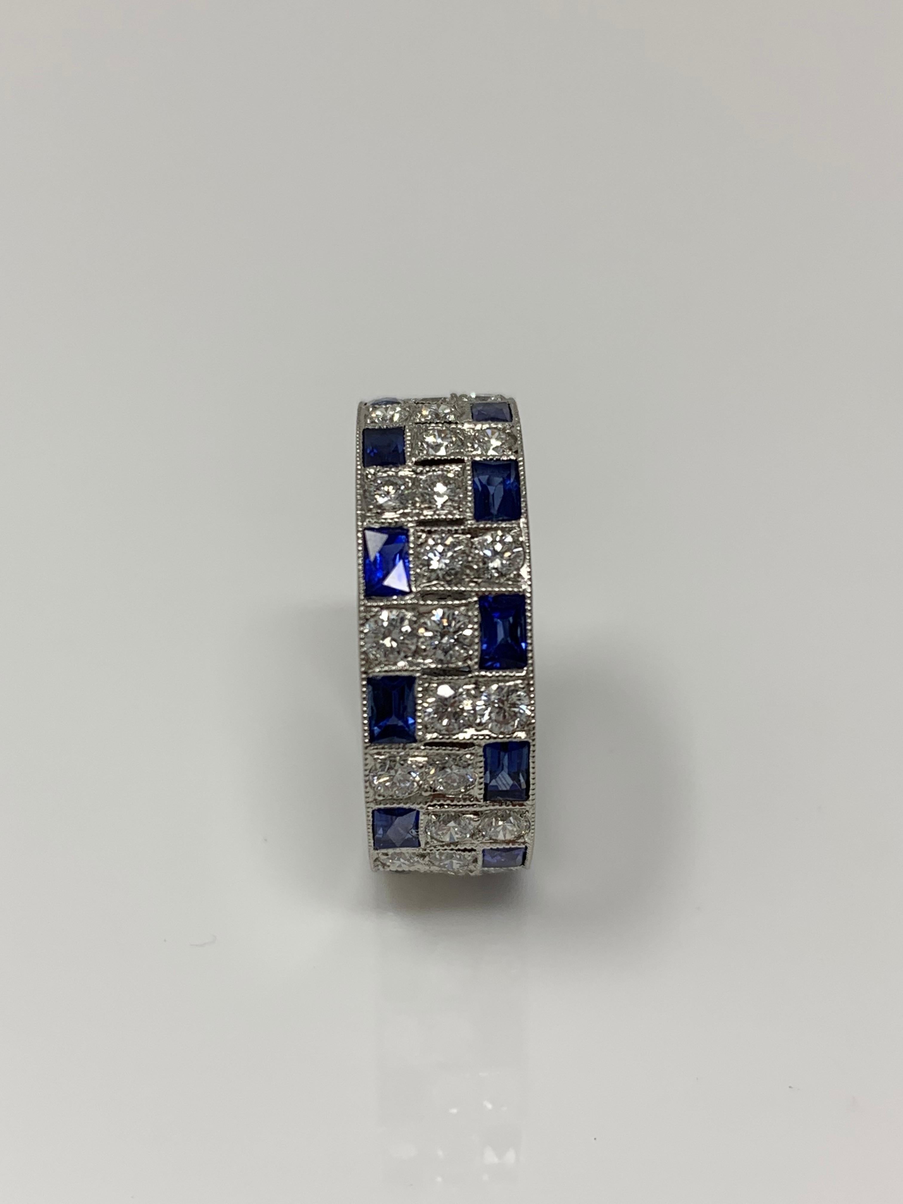 Women's or Men's Diamond and Blue Sapphire Eternity Band in Platinum For Sale