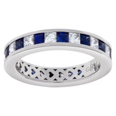 Vintage Diamond and Blue Sapphire Eternity Ring in 18k White Gold