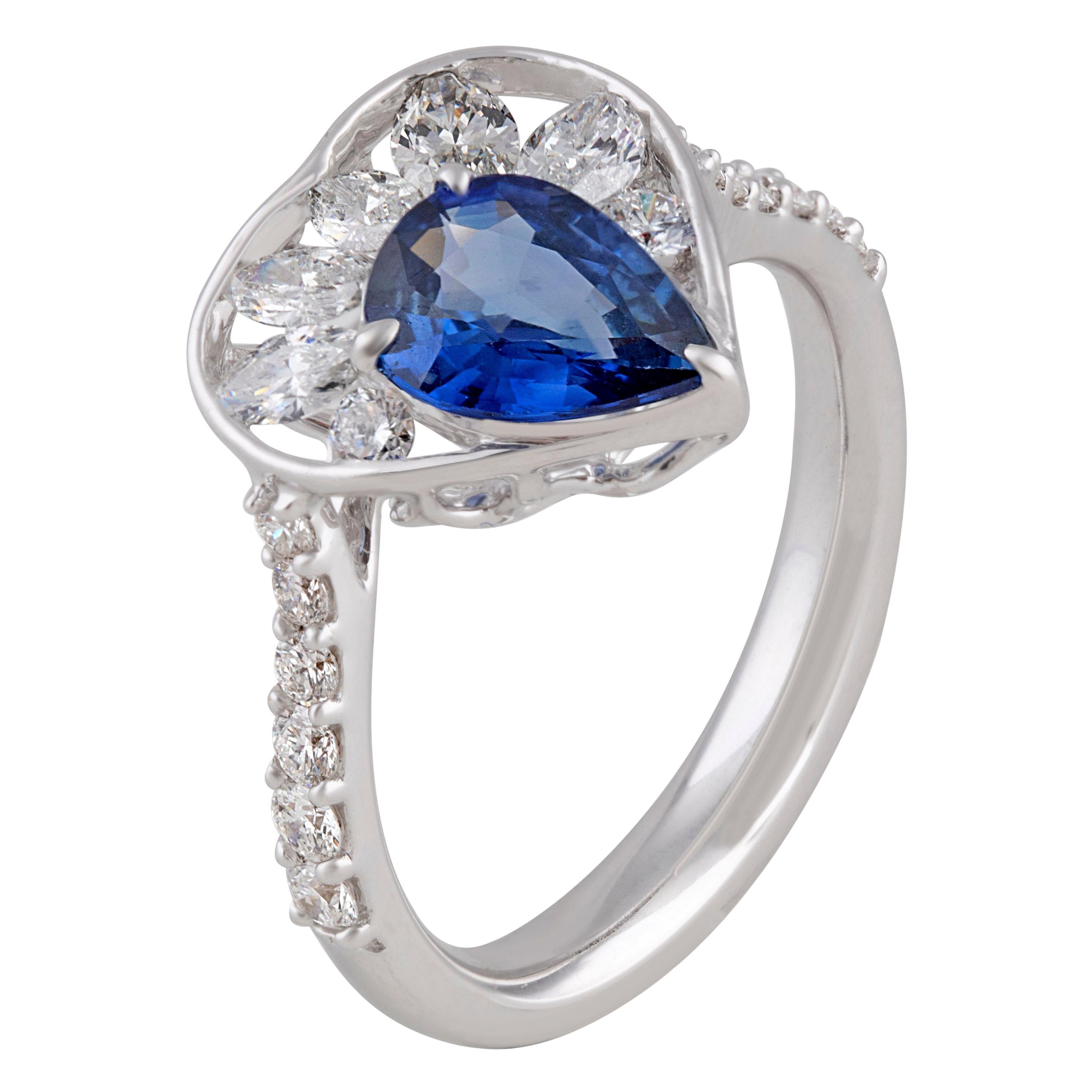 Studio Rêves Diamond and Blue Sapphire Love Ring in 18 Karat White Gold For Sale