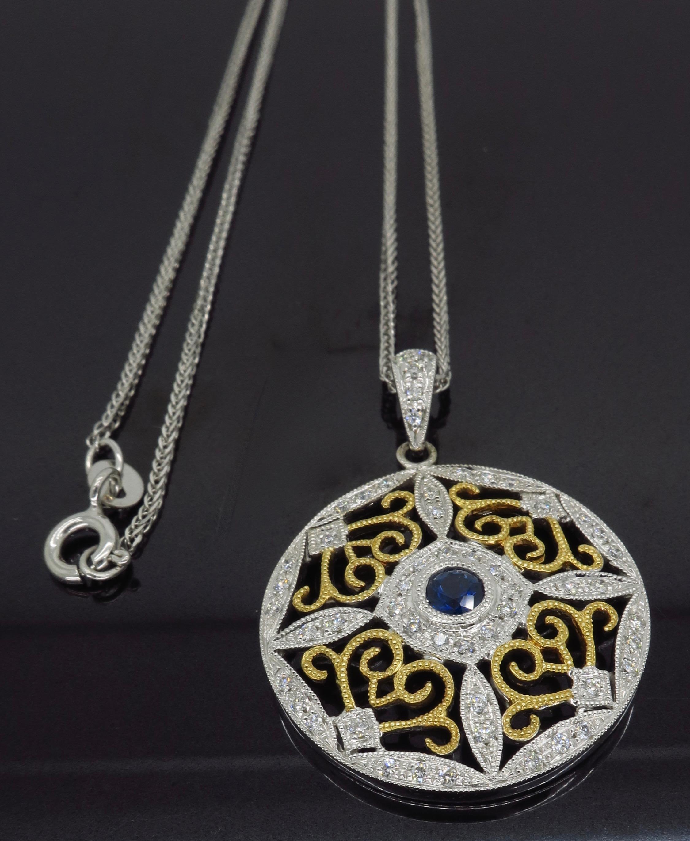Women's or Men's Diamond and Blue Sapphire Medallion Pendant Necklace