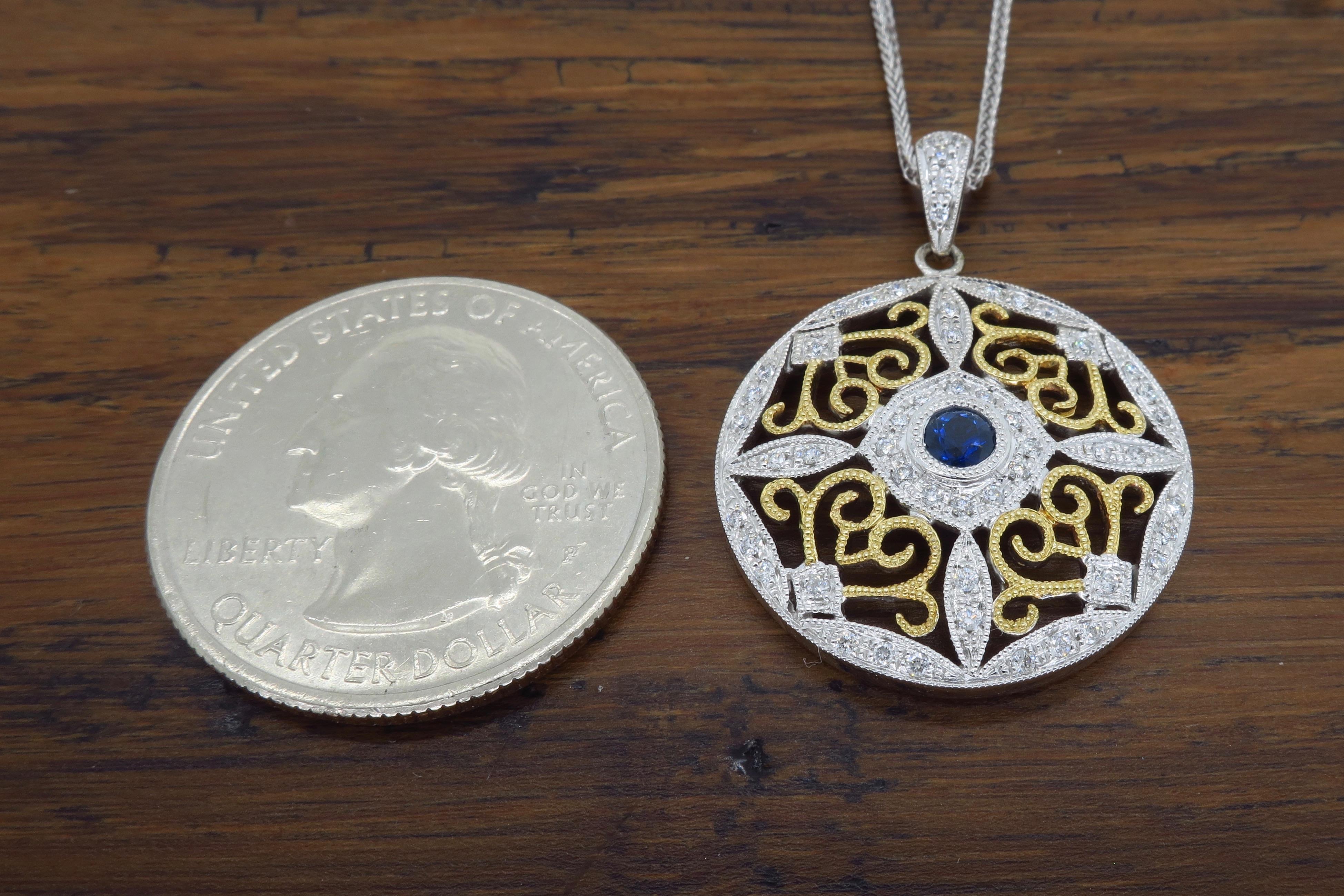 Diamond and Blue Sapphire Medallion Pendant Necklace 1