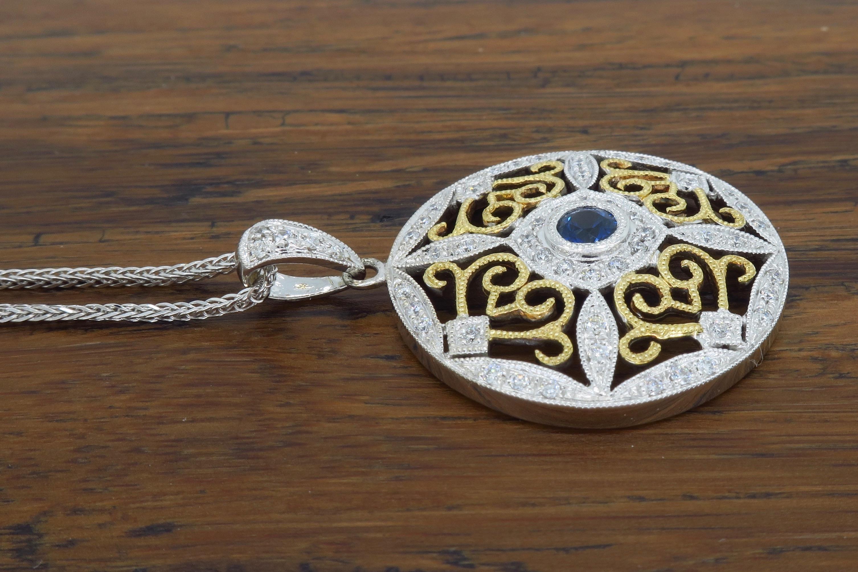 Diamond and Blue Sapphire Medallion Pendant Necklace 2