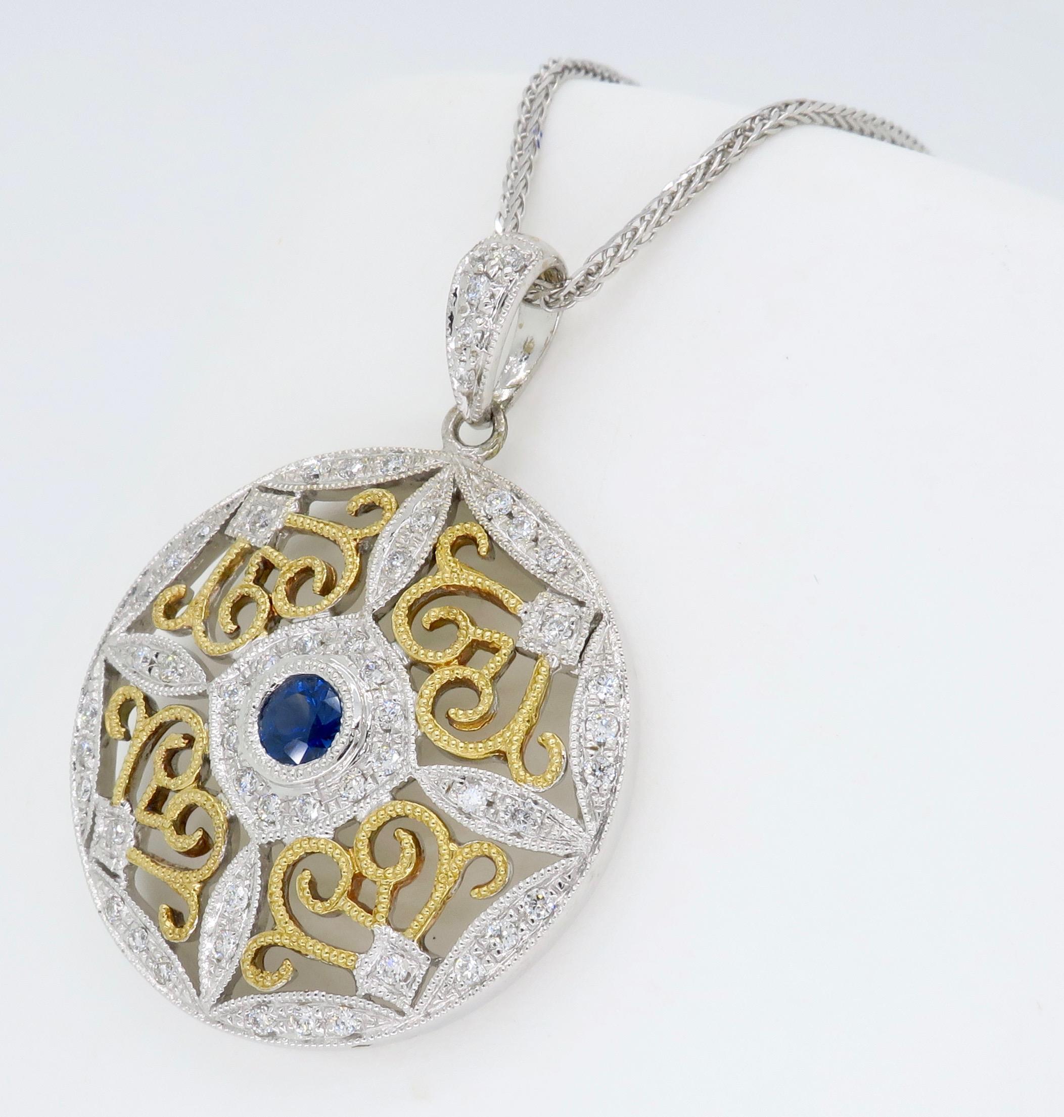 Diamond and Blue Sapphire Medallion Pendant Necklace 3