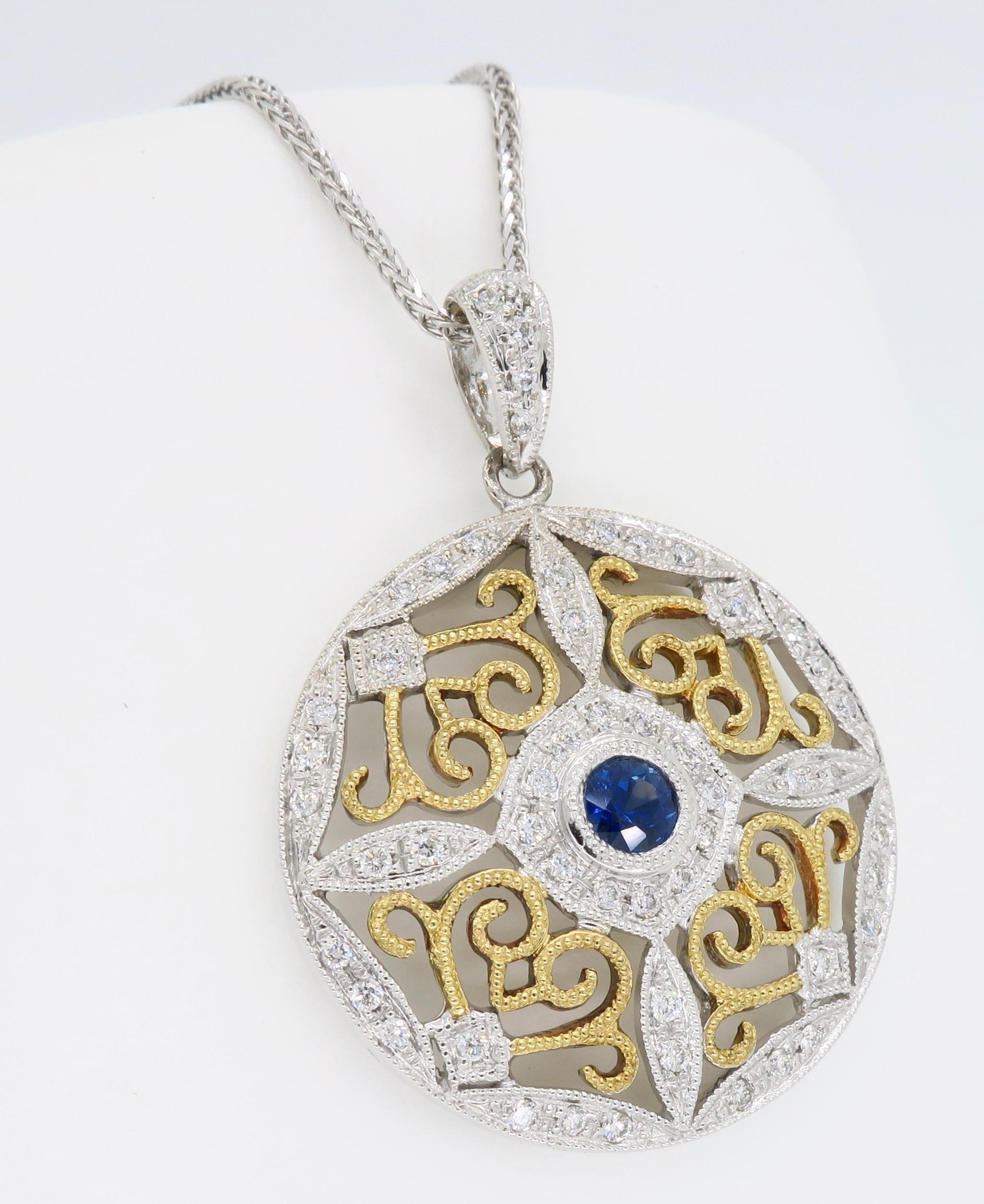 Diamond and Blue Sapphire Medallion Pendant Necklace 4