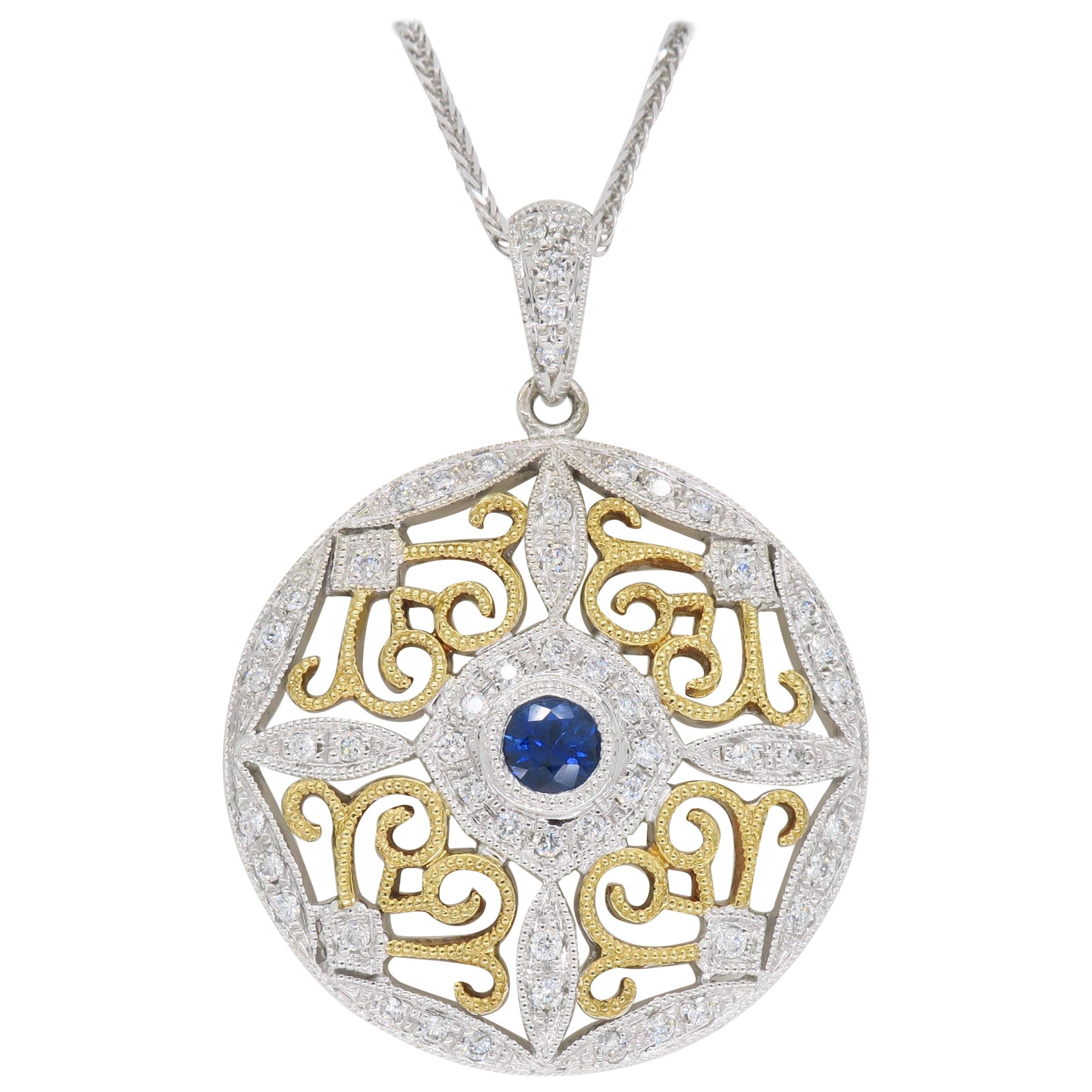 Diamond and Blue Sapphire Medallion Pendant Necklace
