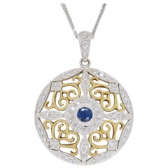 Diamond and Blue Sapphire Medallion Pendant Necklace