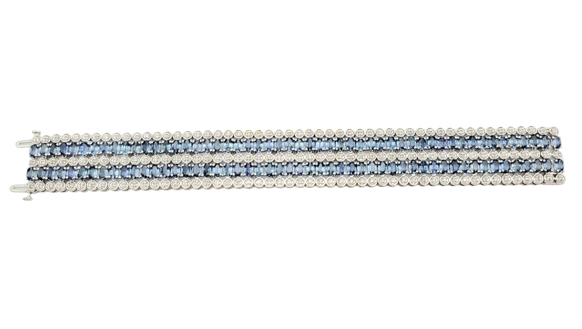 Contemporary Diamond and Blue Sapphire Multi-Row Cuff Bracelet Set in 14 Karat White Gold For Sale