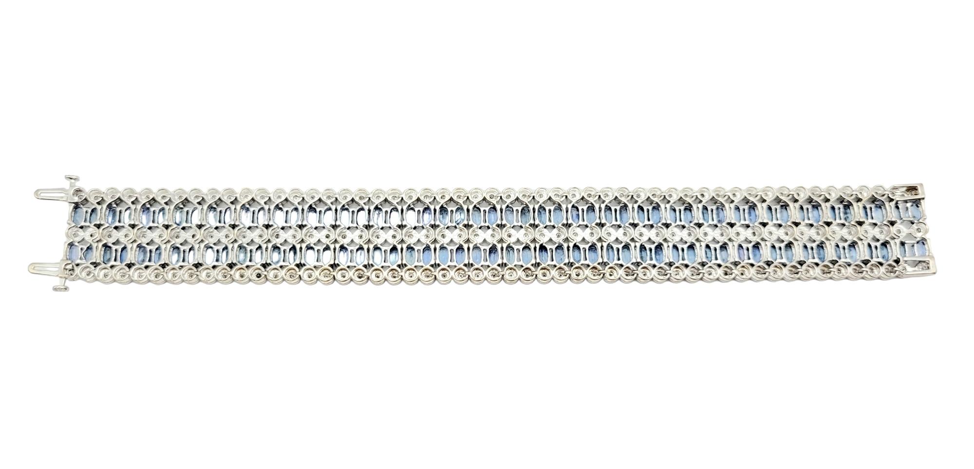 Taglio ovale Bracciale a più file di diamanti e zaffiri blu in oro bianco 14 carati in vendita