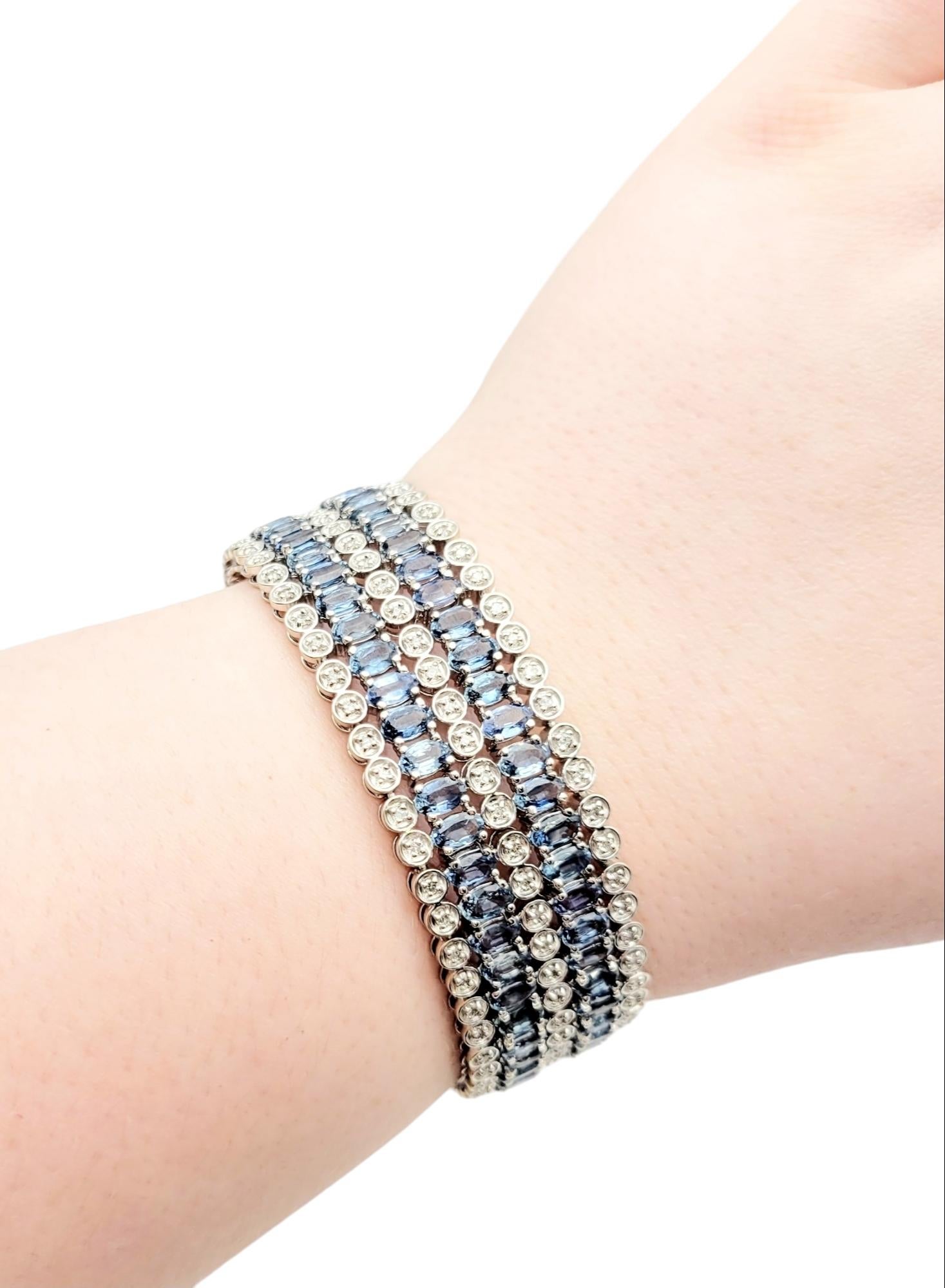 Women's Diamond and Blue Sapphire Multi-Row Cuff Bracelet Set in 14 Karat White Gold For Sale
