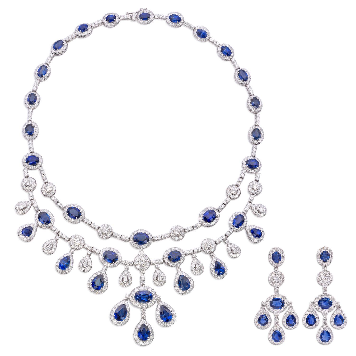 Diamond and Blue Sapphire Necklace & Earring Set Natural Unheated Blue Sapphire