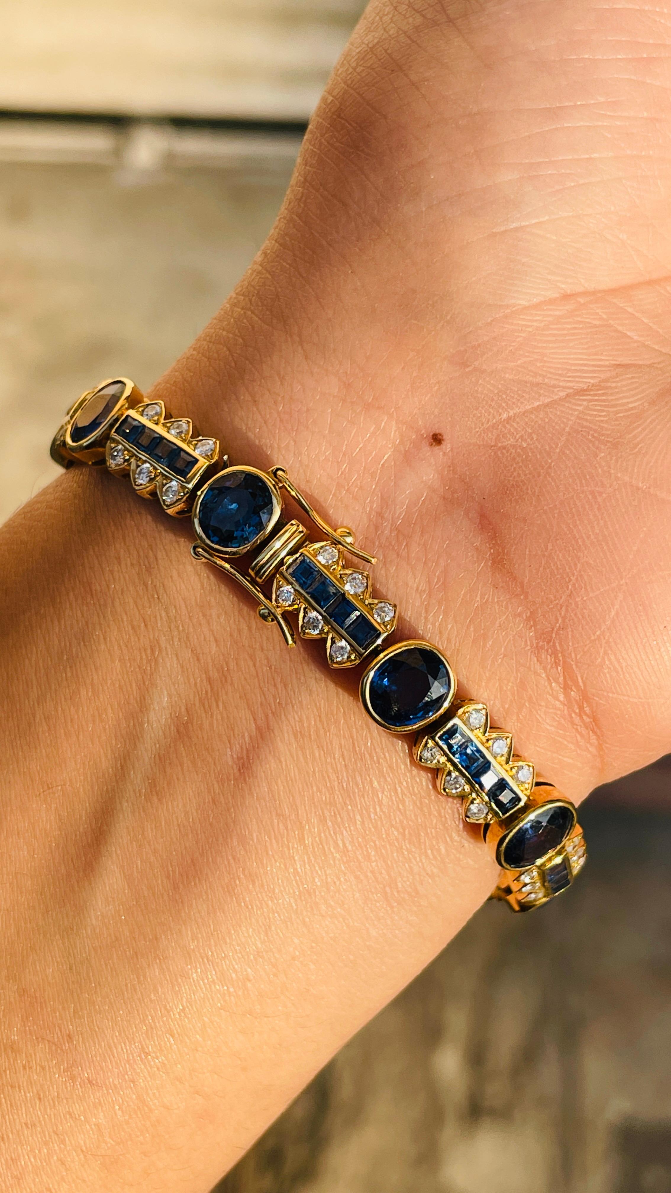 Blue Sapphire and Diamond bracelet in 18K Gold. It has a perfect oval and square cut gemstone to make you stand out on any occasion or an event.
A tennis bracelet is an essential piece of jewelry when it comes to your wedding day. The sleek and