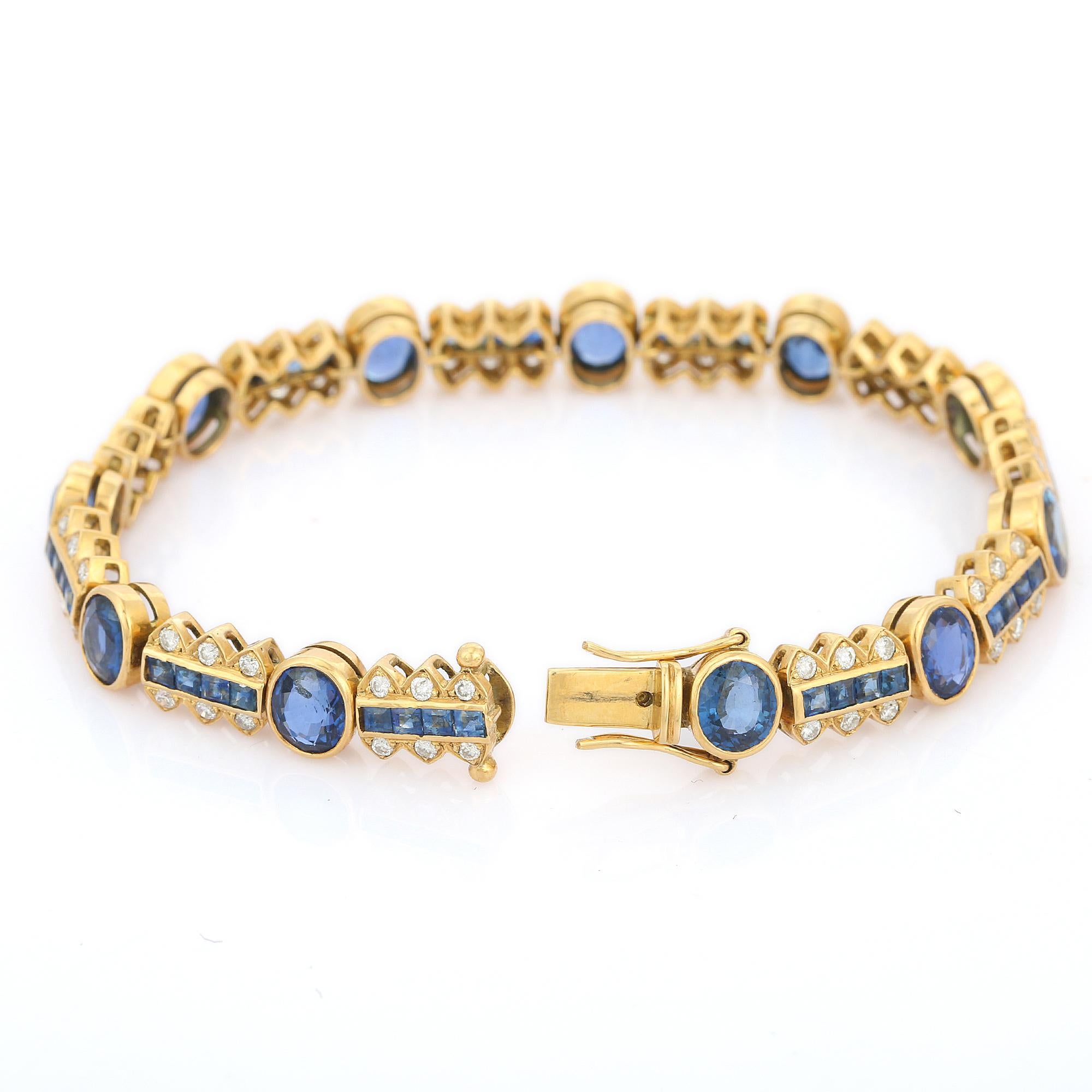 Artist Diamond and Blue Sapphire Oval Cut Wedding Bracelet in 18K Yellow Gold For Sale