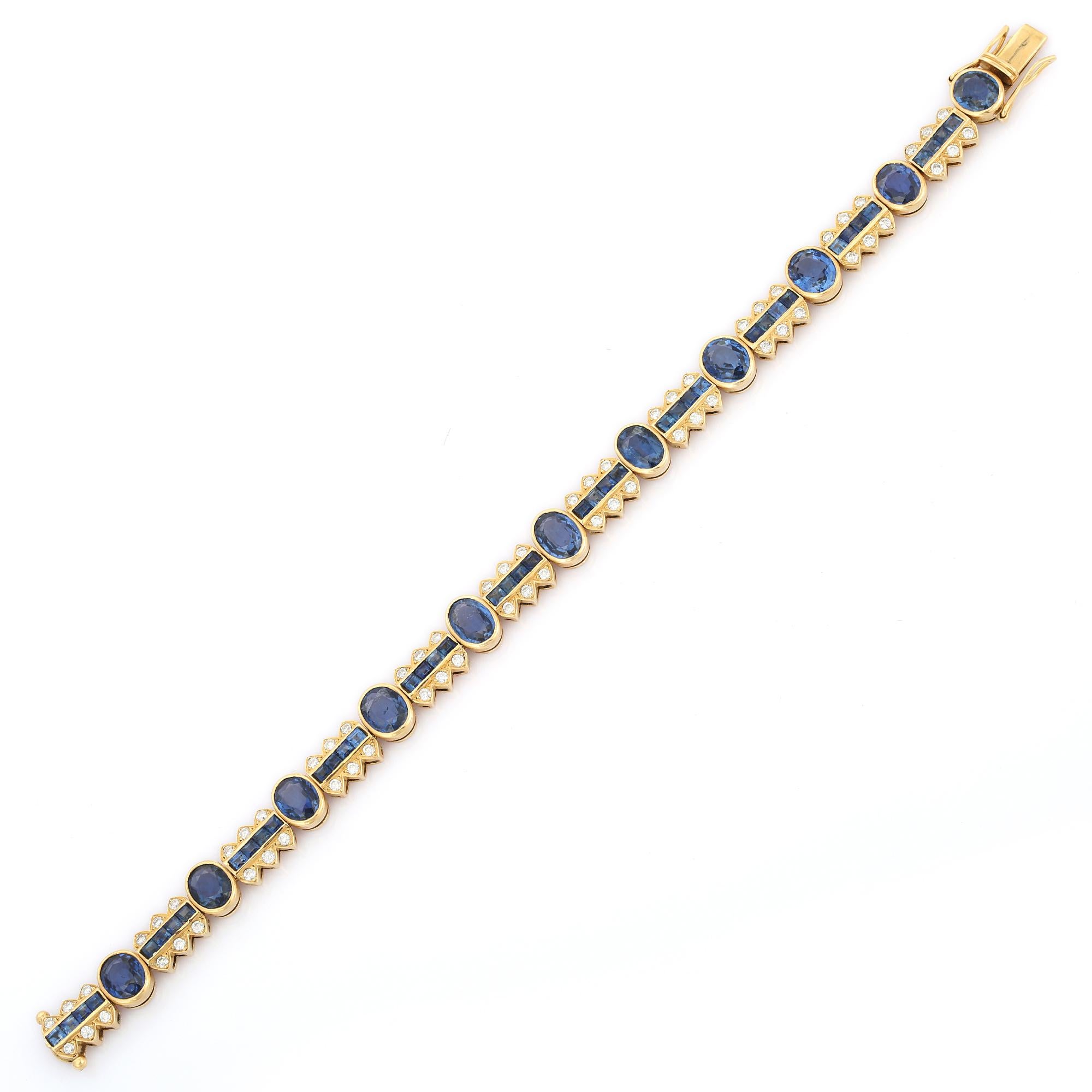 Diamond and Blue Sapphire Oval Cut Wedding Bracelet in 18K Yellow Gold For Sale 1