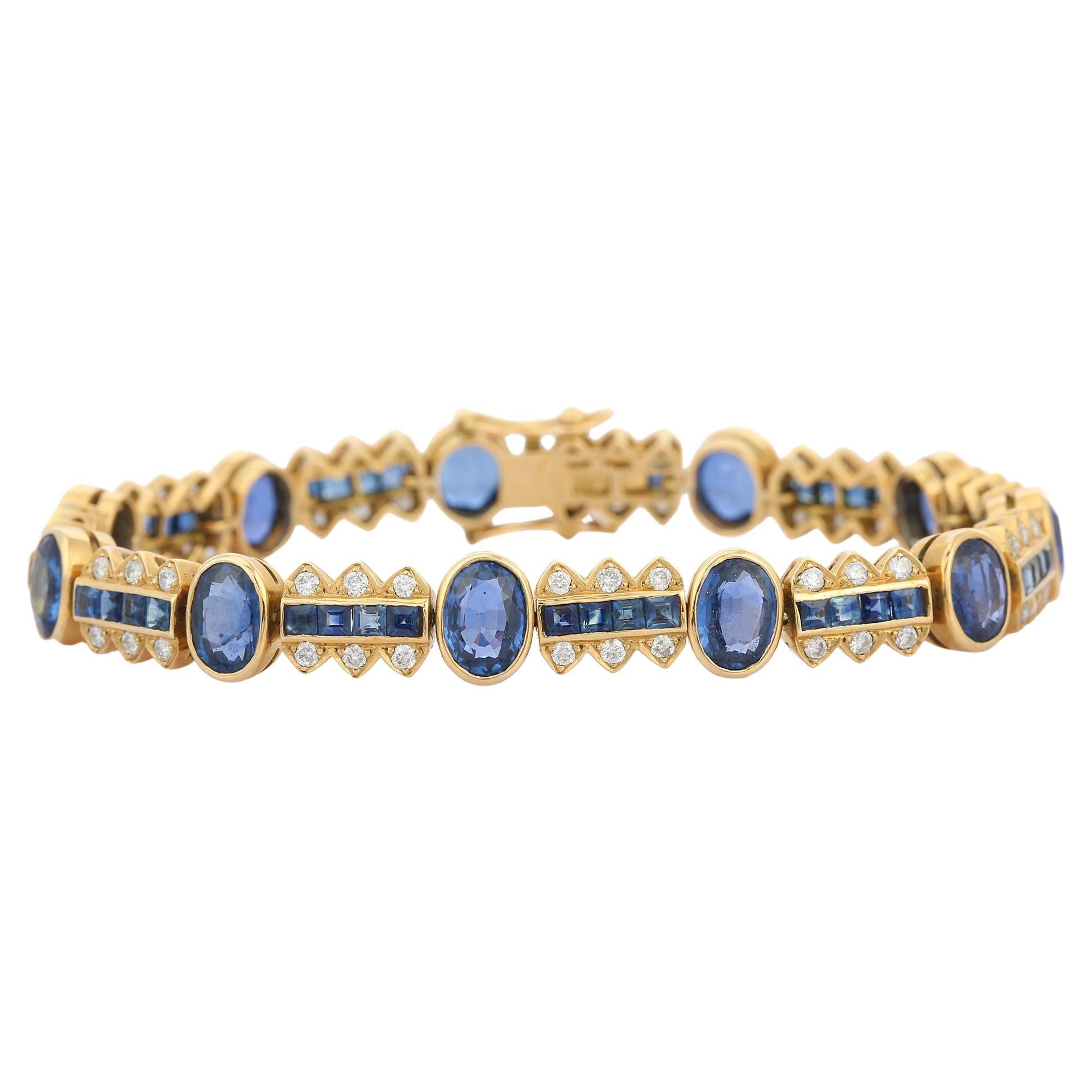 Diamond and Blue Sapphire Oval Cut Wedding Bracelet in 18K Yellow Gold For Sale