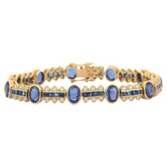 Diamond and Blue Sapphire Oval Cut Wedding Bracelet in 18K Yellow Gold