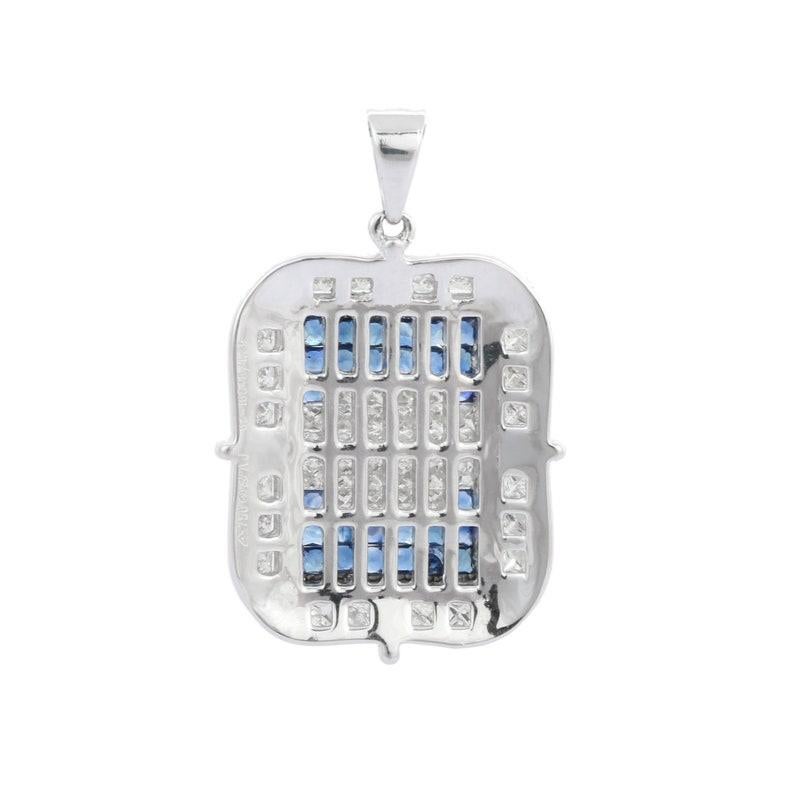 Modern Statement Diamond Blue Sapphire Pendant in 18kt Solid White Gold For Sale