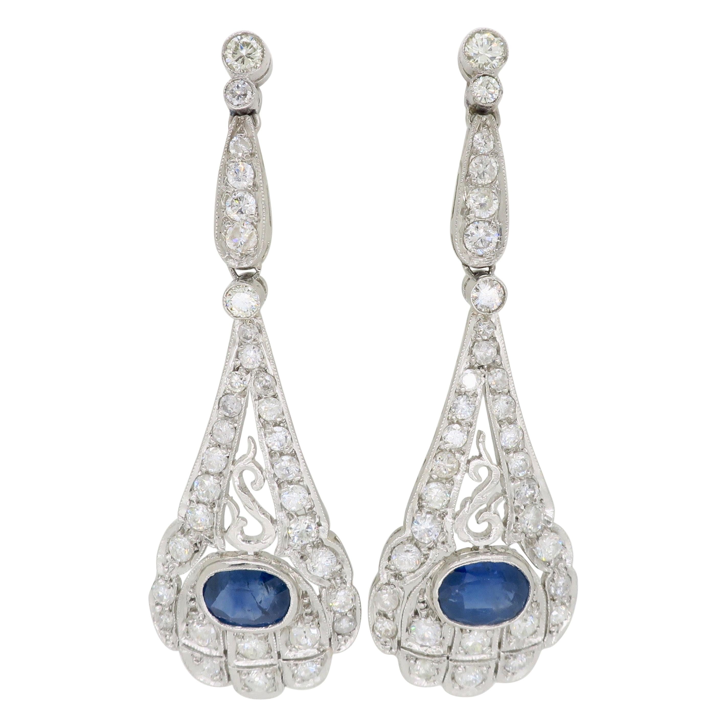 Diamond and Blue Sapphire Platinum Chandelier Earrings at 1stDibs