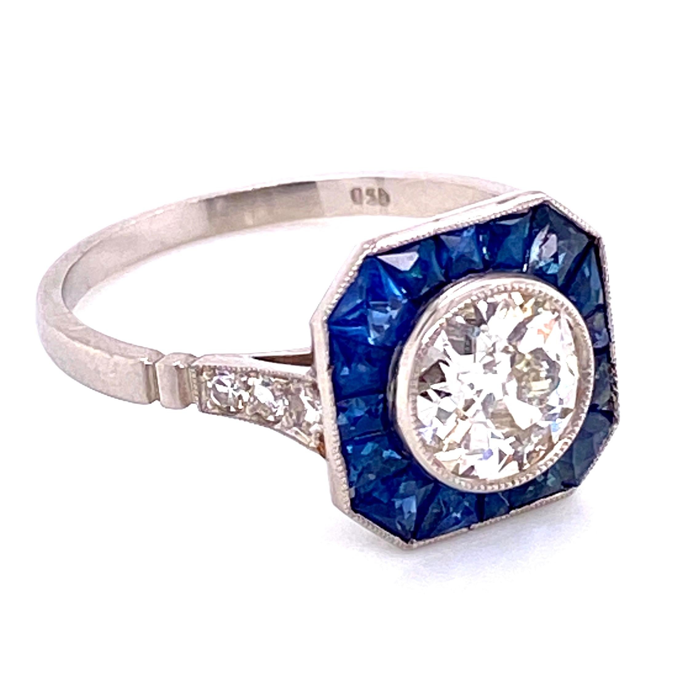 Mixed Cut Diamond and Blue Sapphire Platinum Halo Art Deco Style Ring Estate Fine Jewelry