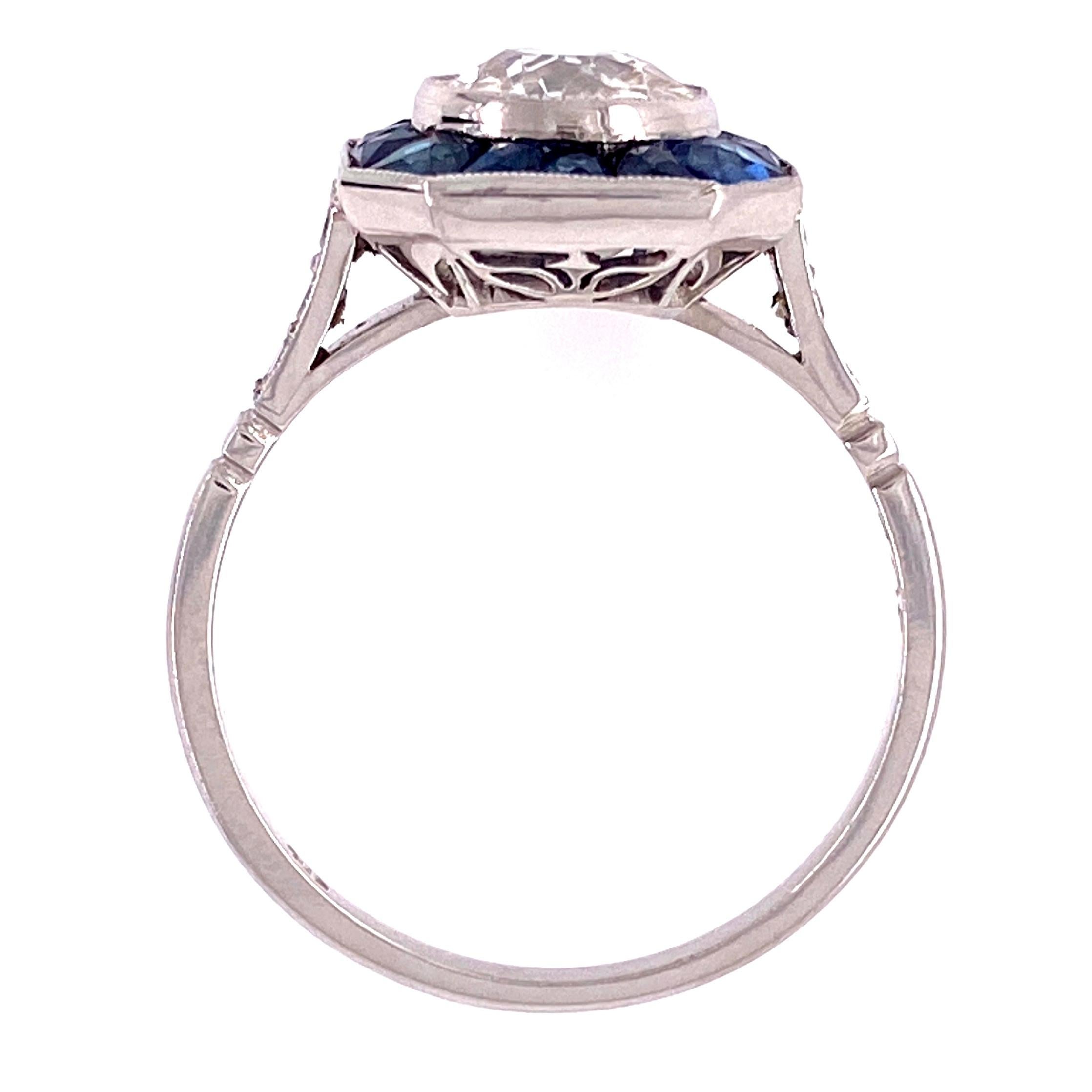 Diamond and Blue Sapphire Platinum Halo Art Deco Style Ring Estate Fine Jewelry In Excellent Condition In Montreal, QC