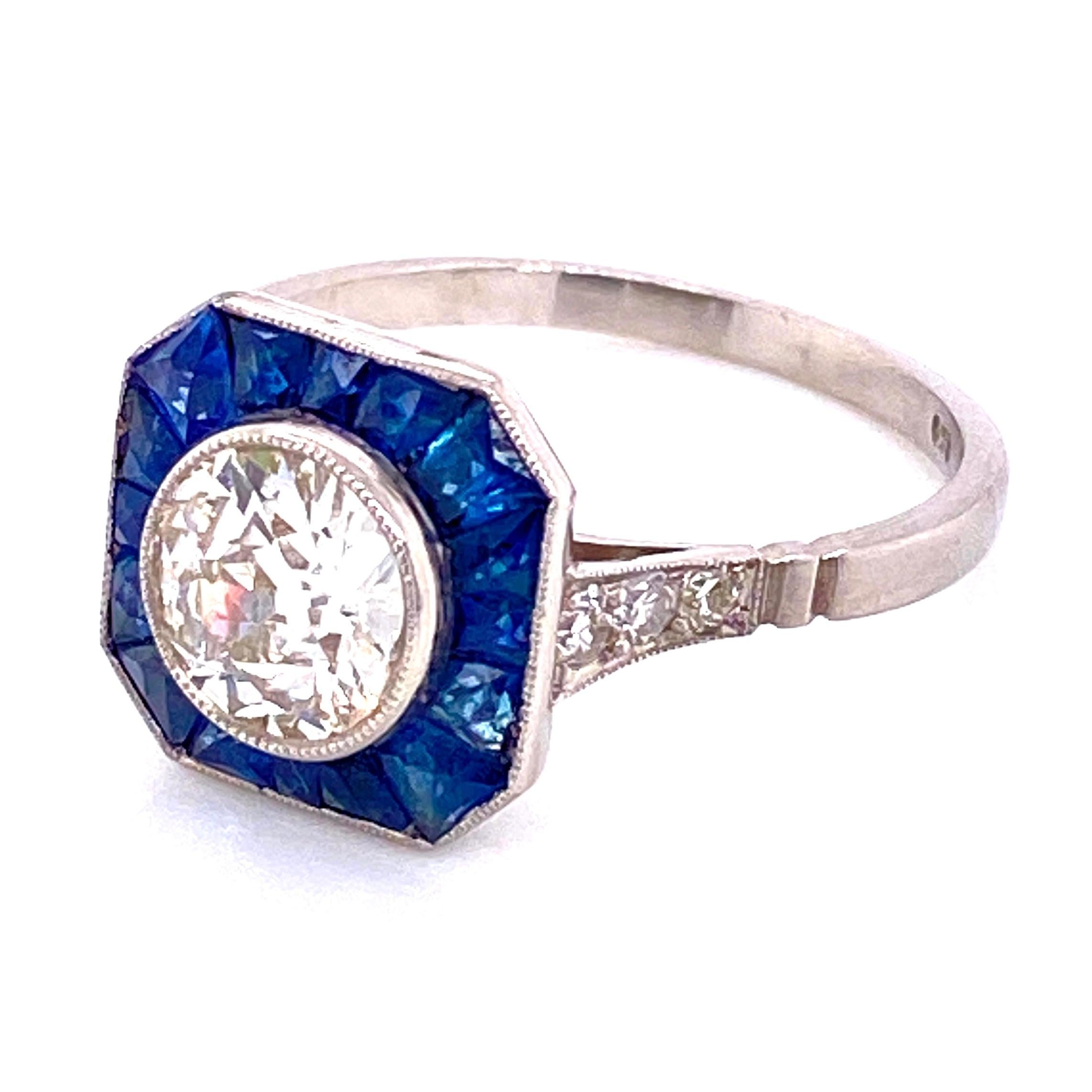 Women's Diamond and Blue Sapphire Platinum Halo Art Deco Style Ring Estate Fine Jewelry