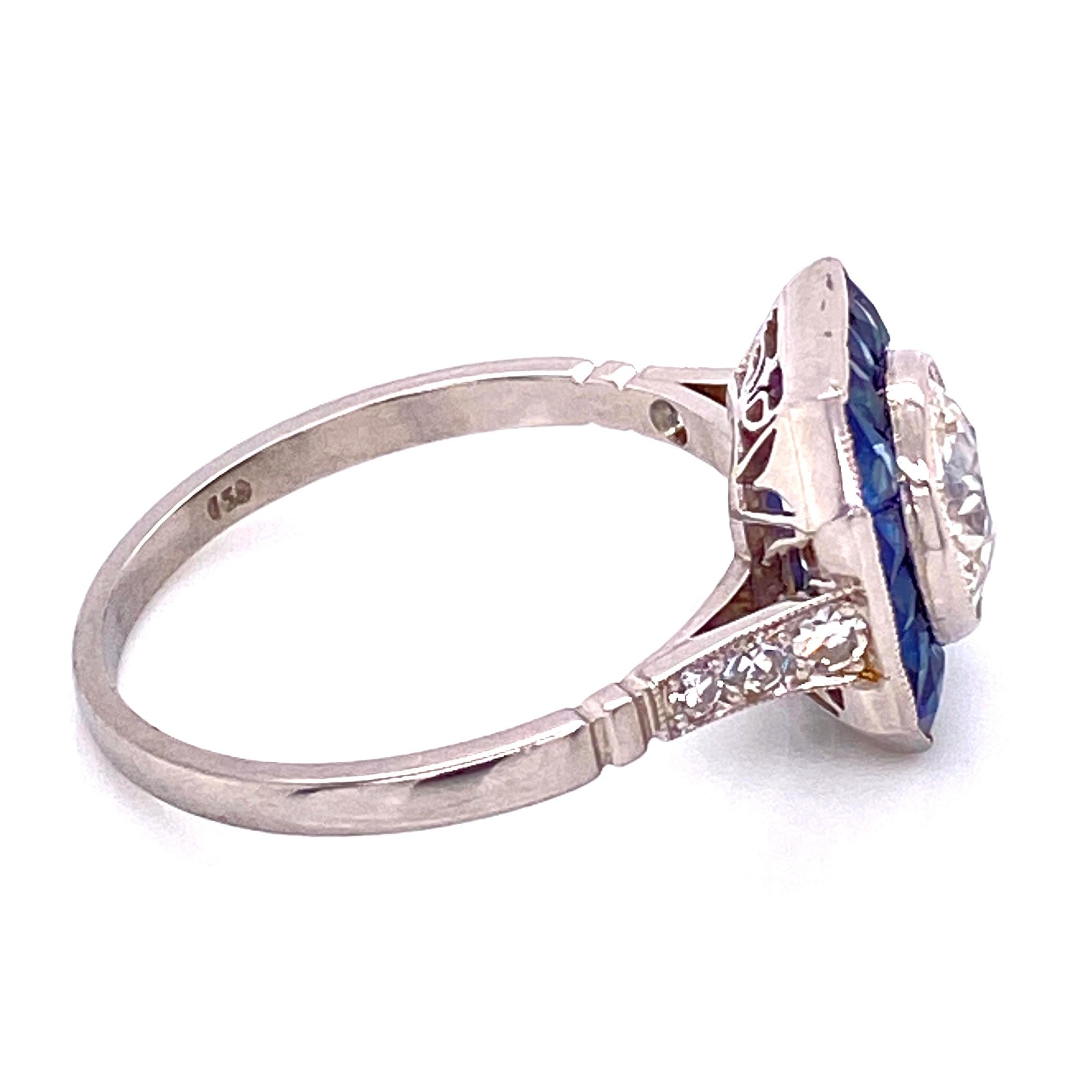 Diamond and Blue Sapphire Platinum Halo Art Deco Style Ring Estate Fine Jewelry 1