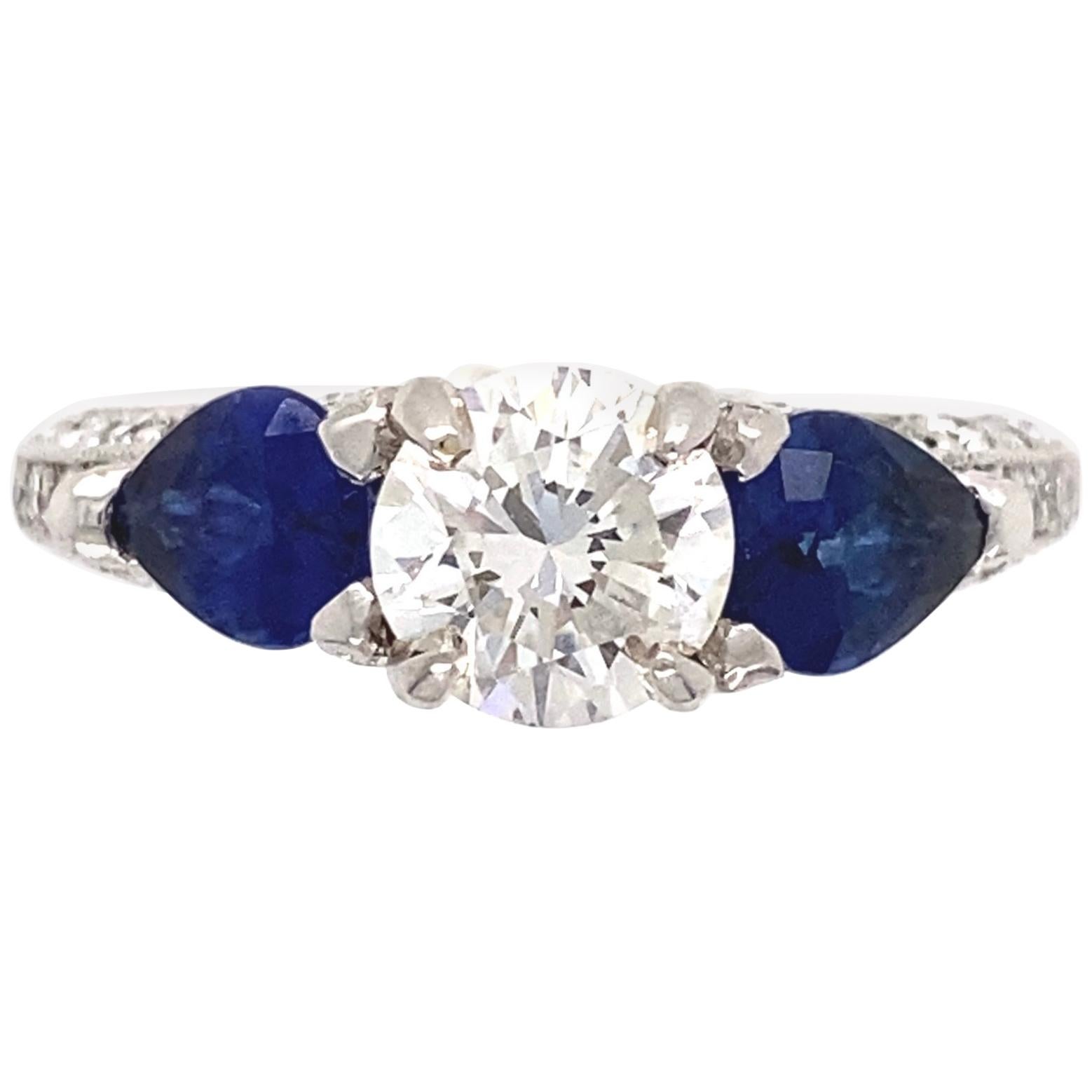 Diamond and Sapphire Platinum Trilogy Ring Estate Fine Jewelry