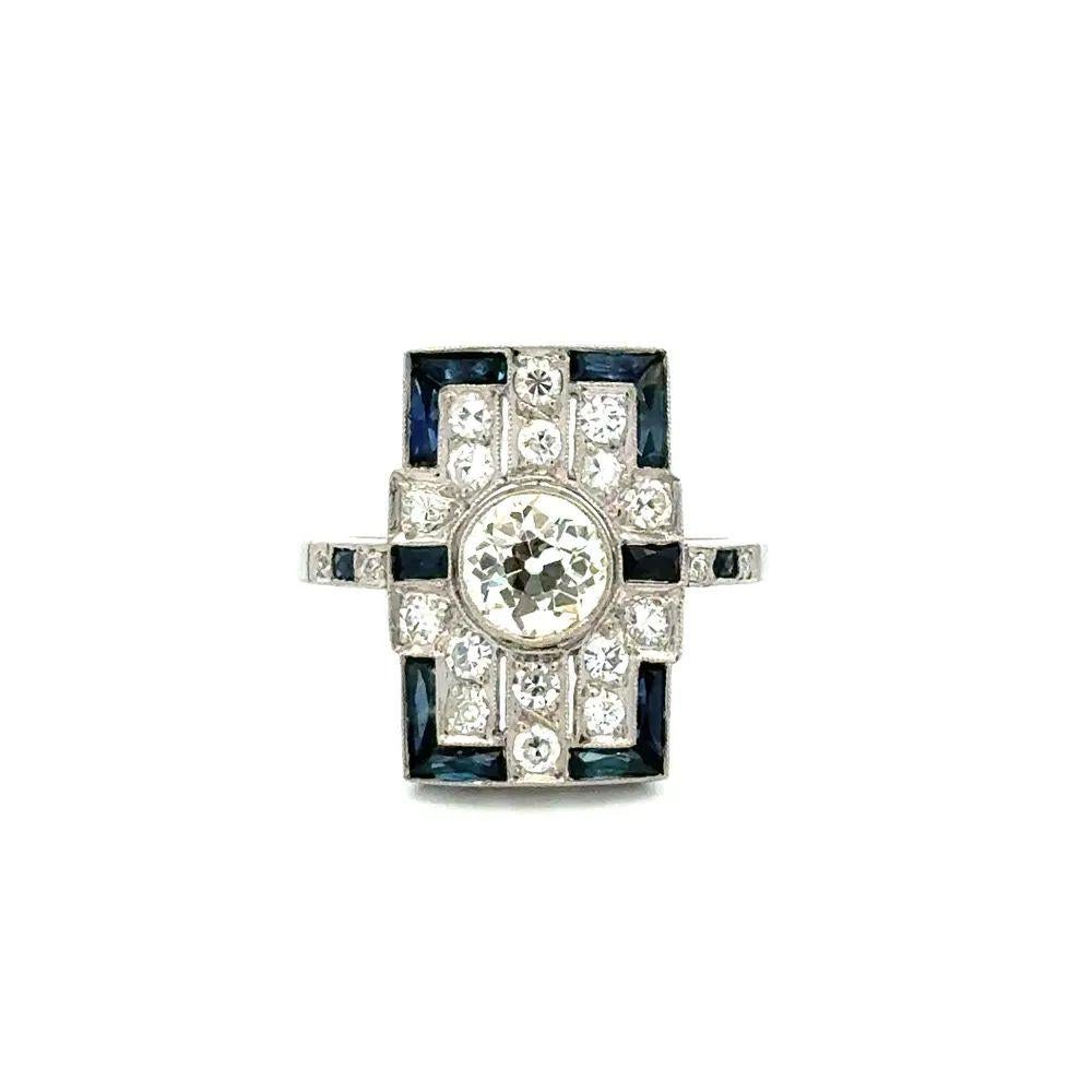 Taille mixte Bague de cocktail vintage à bouclier en platine avec diamant et saphir bleu en vente