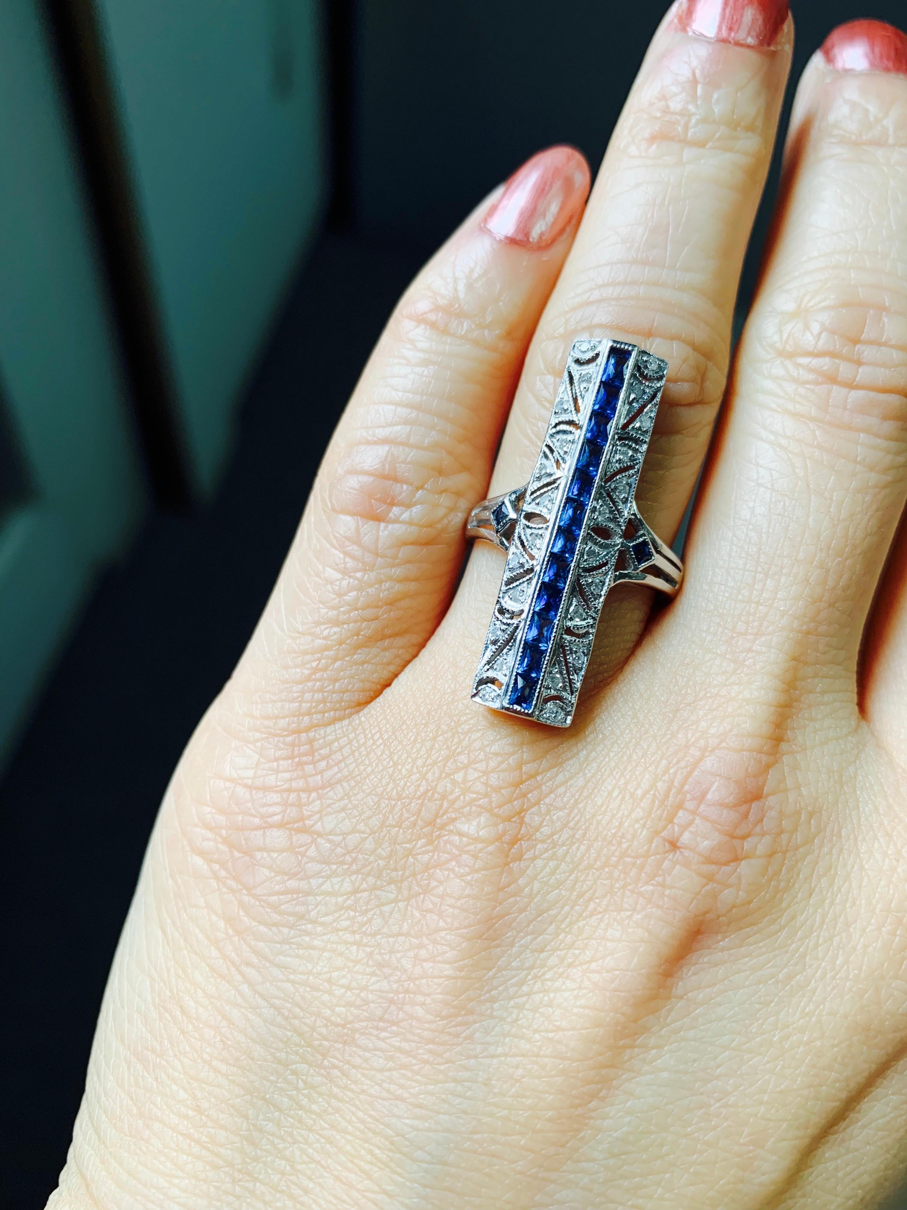 Women's Diamond and Blue Sapphire Ring in 14 Karat White Gold For Sale