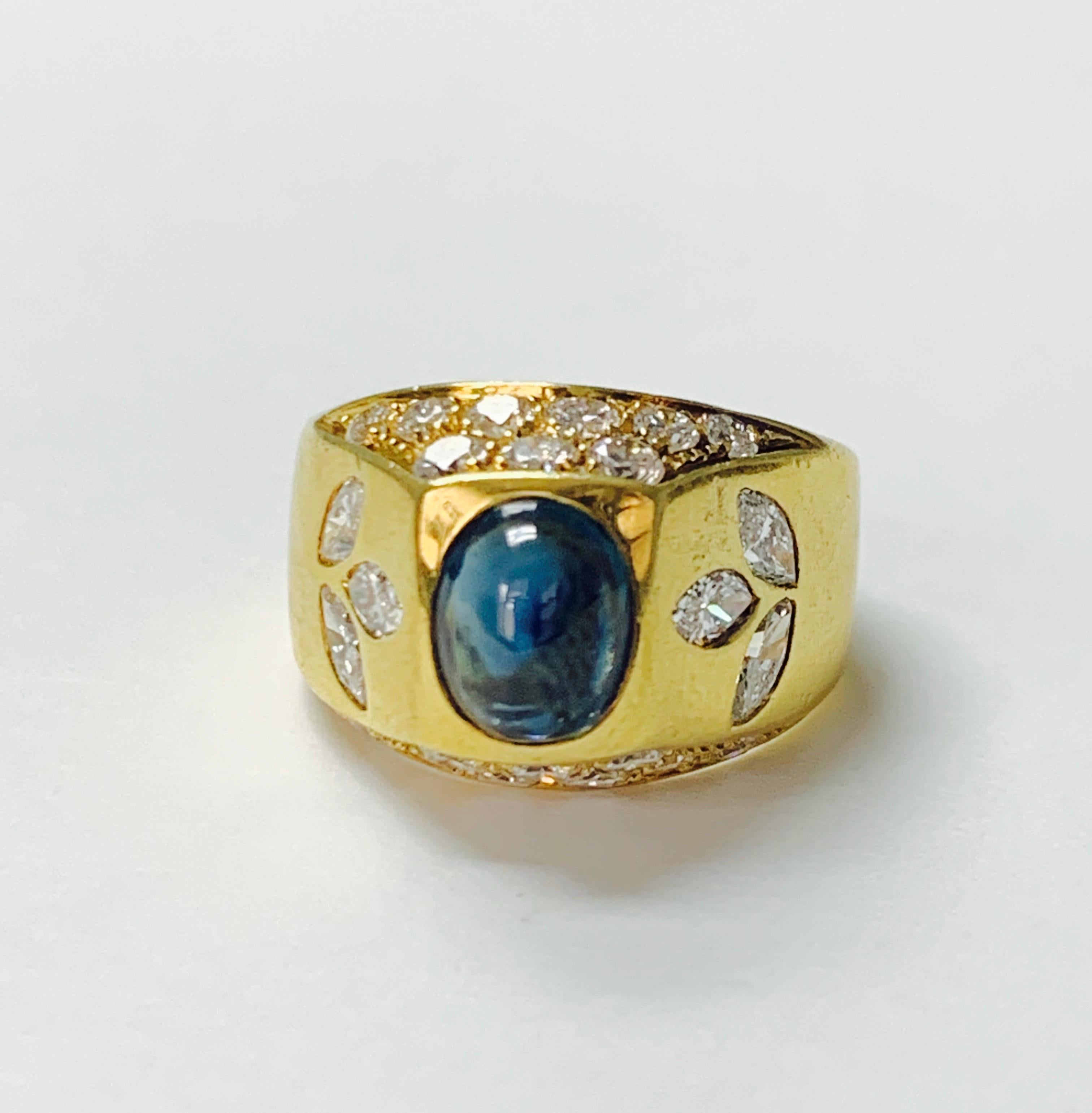 Diamond And Blue Sapphire Ring handcrafted in 14K yellow gold. 
The details are as follows : 
Diamond weight : 1.50 carat approx  G color and VS2 clarity 
Blue sapphire : 1.50 carat approx 
Metal : 18k yellow gold 
Ring Size ; 6 and can be sized as