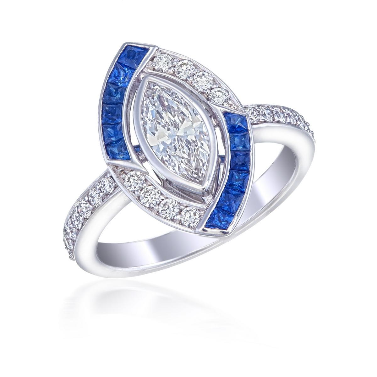 Ring aus 18 Karat Weißgold mit Diamant und blauem Saphir (Art déco) im Angebot