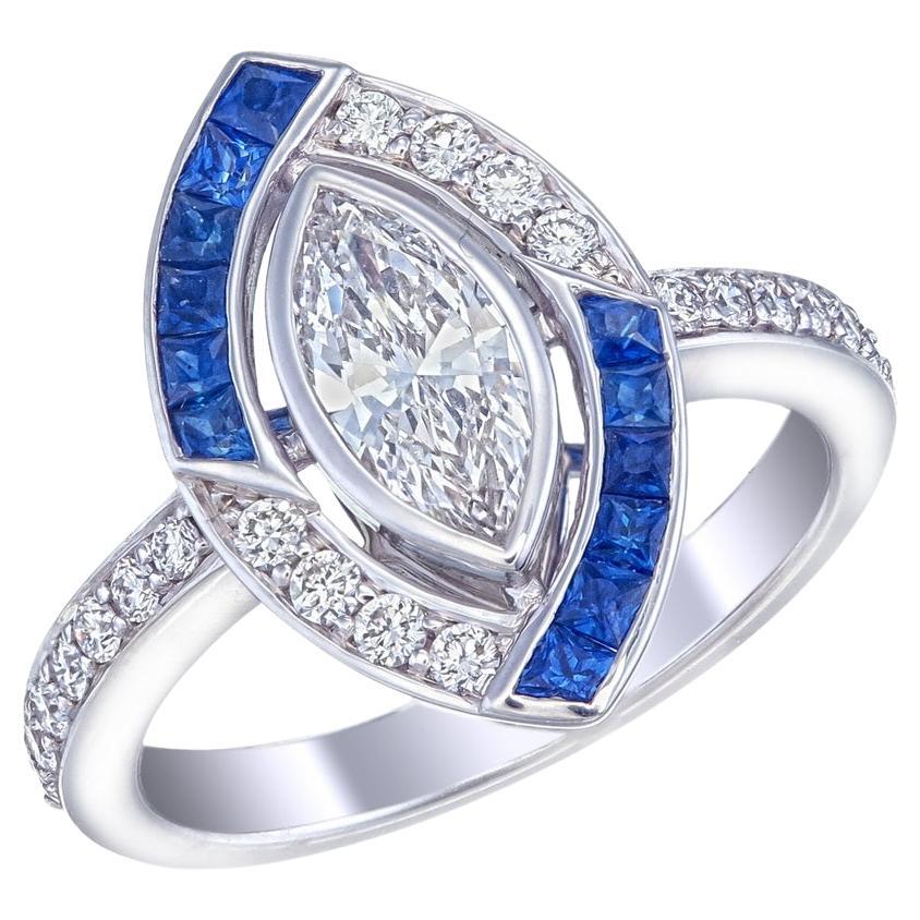 Diamond and Blue Sapphire Ring in 18 Karat White Gold For Sale