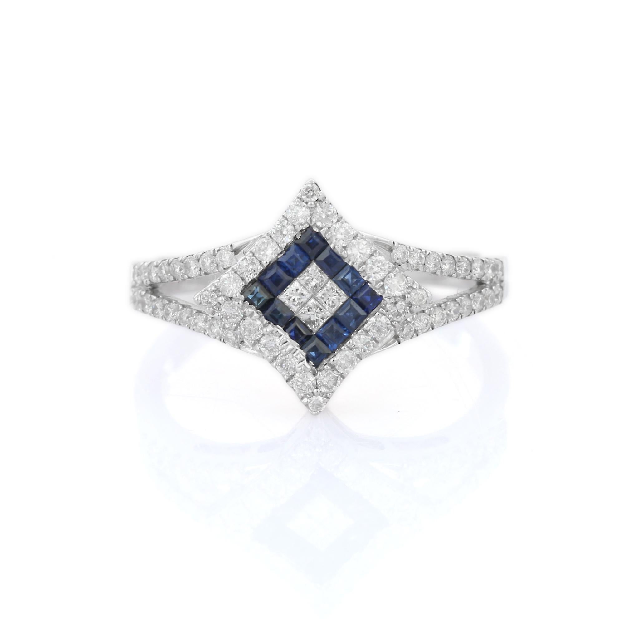 En vente :  Bague de fiançailles en or blanc massif 18 carats avec saphir bleu carré et diamants pour femmes  2