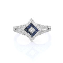 Solid 18k White Gold Square Blue Sapphire Diamond Women's Engagement Ring
