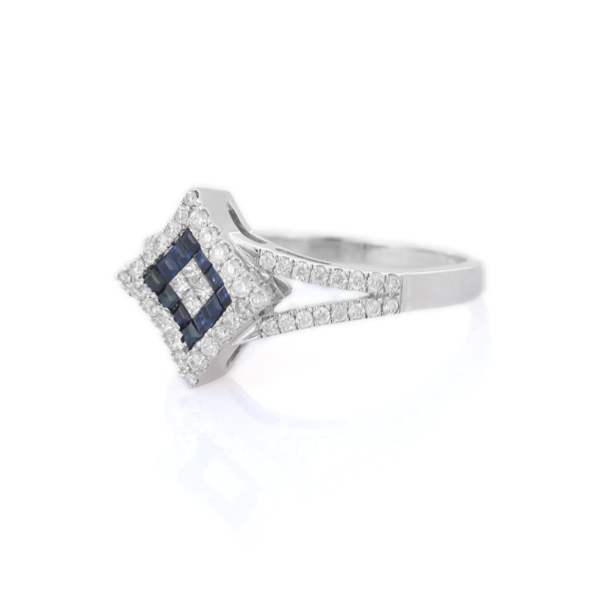 En vente :  Bague de fiançailles en or blanc massif 18 carats avec saphir bleu carré et diamants pour femmes  4