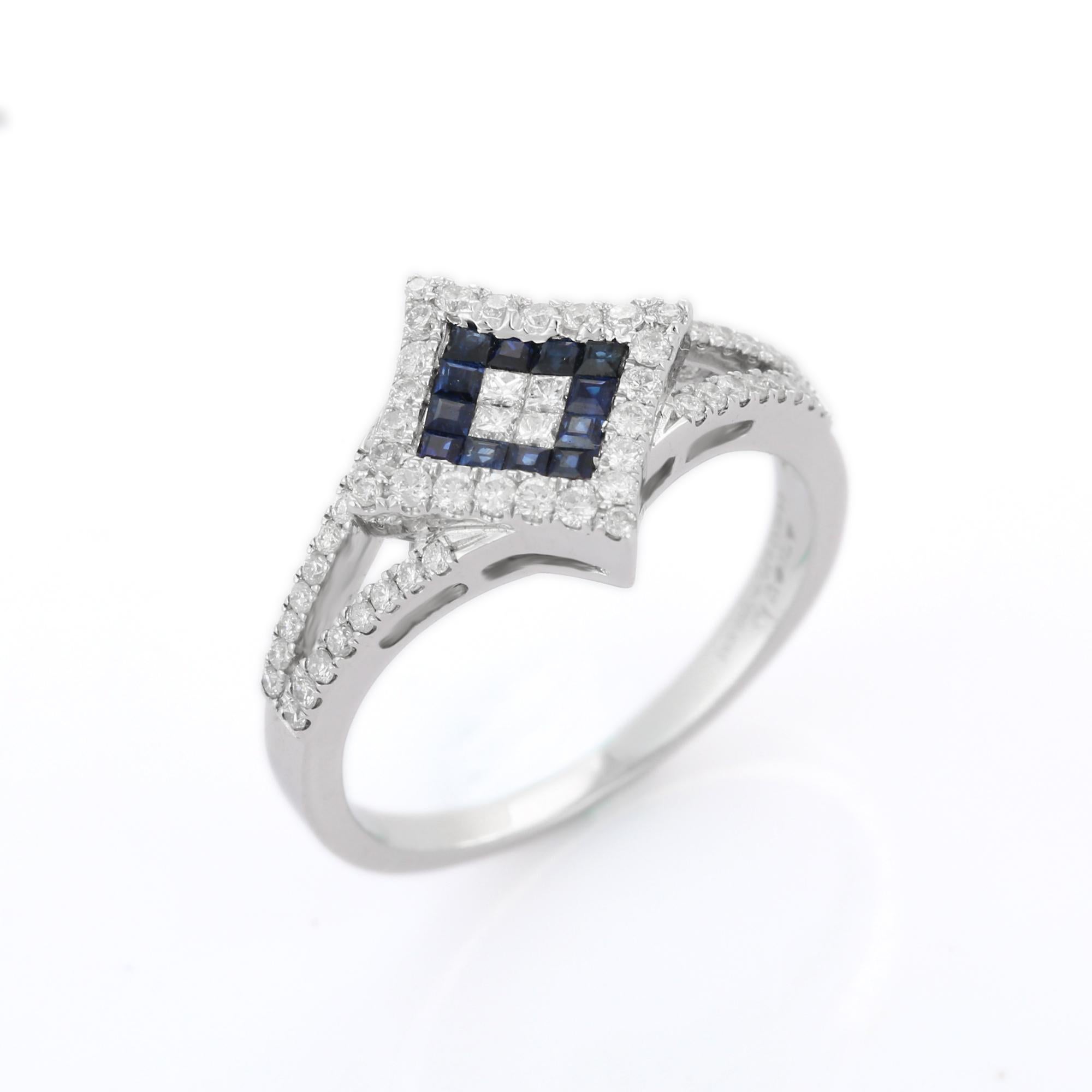 En vente :  Bague de fiançailles en or blanc massif 18 carats avec saphir bleu carré et diamants pour femmes  5