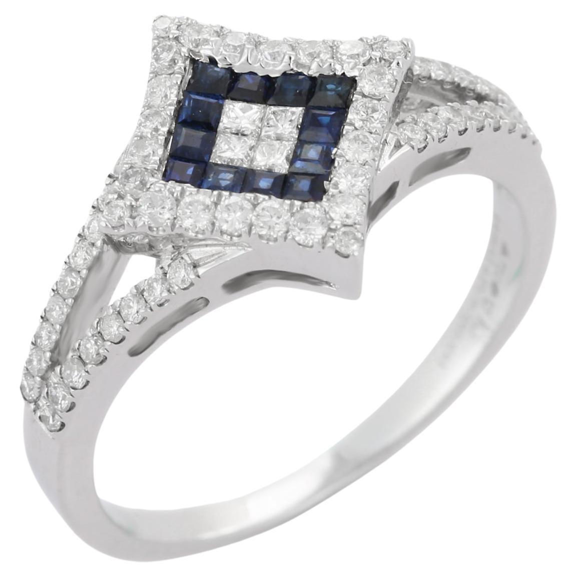 Bague de fiançailles en or blanc massif 18 carats avec saphir bleu carré et diamants pour femmes 