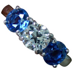 Diamond and Blue Sapphire Three-Stone Engagement Ring, Two Carat TW